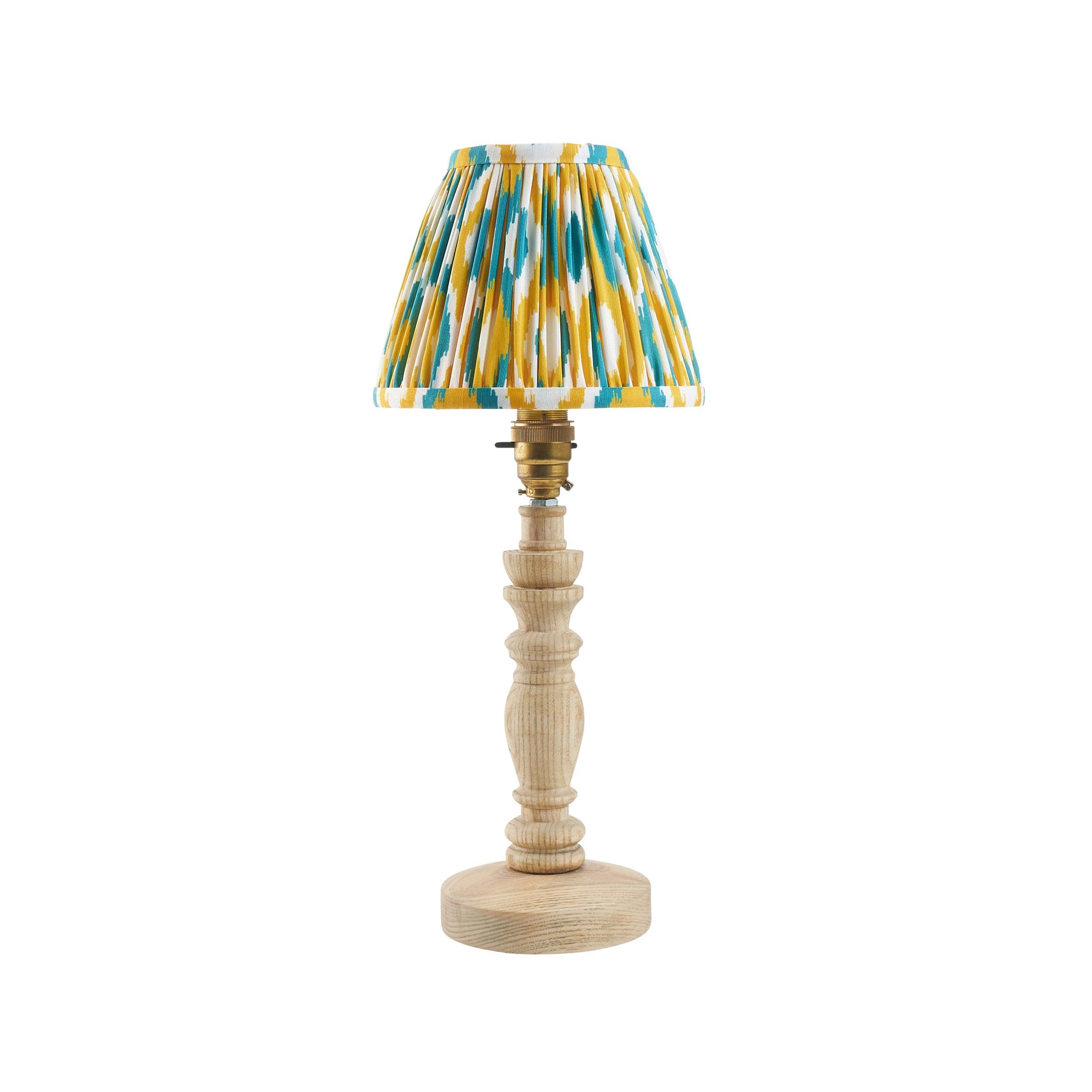 Bibury Wooden Table Lamp & Ikat 16cm Yellow & Jade Shade
