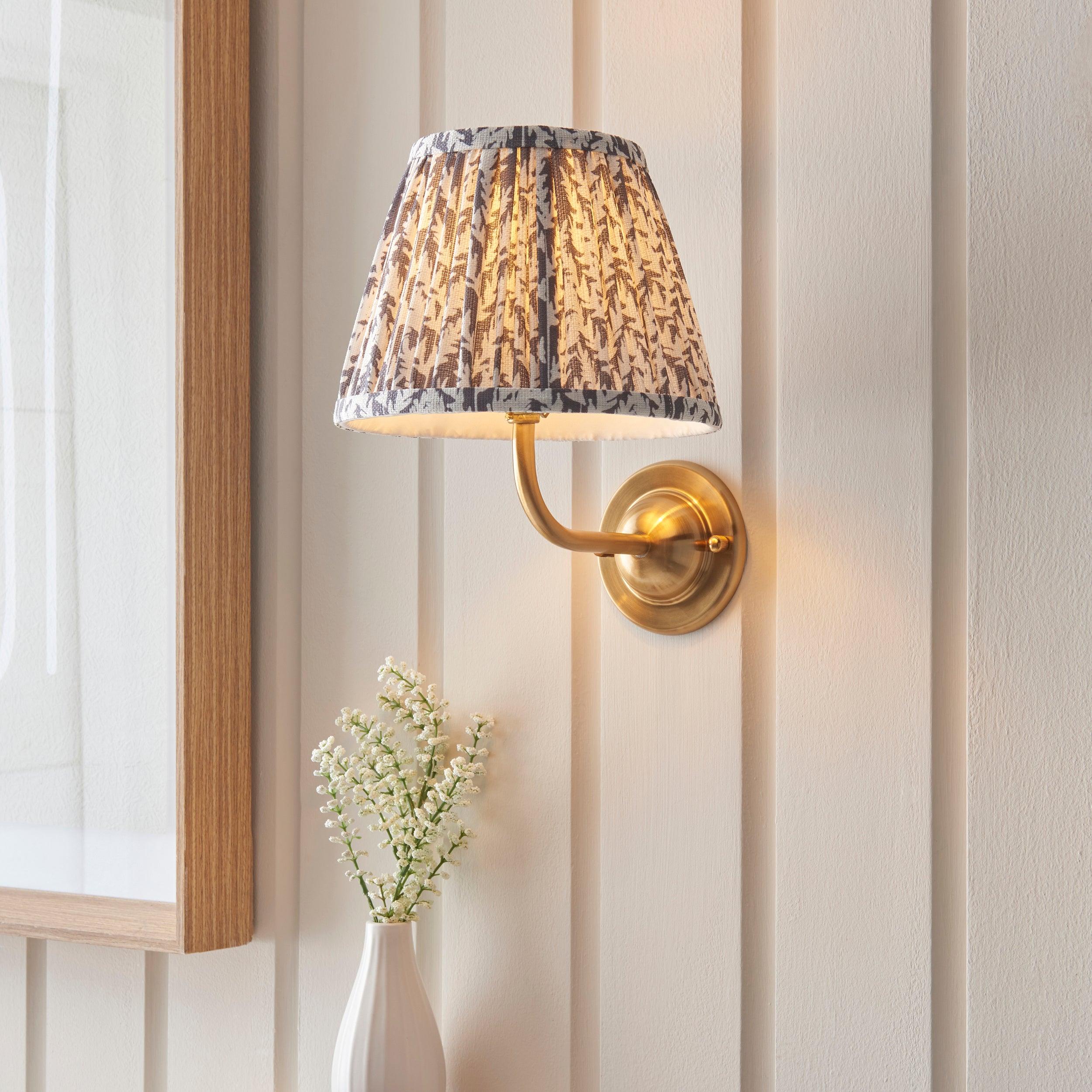 Dome Arc Brass Wall Light & Leaf 20cm Pearl Grey Shade