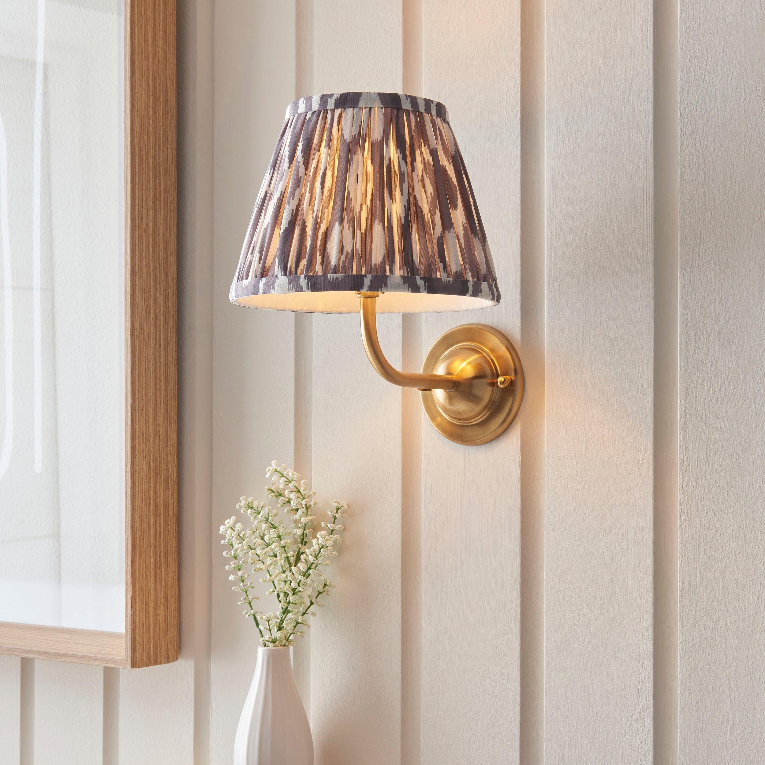 Dome Arc Brass Wall Light & Ikat 20cm Pearl Grey Shade