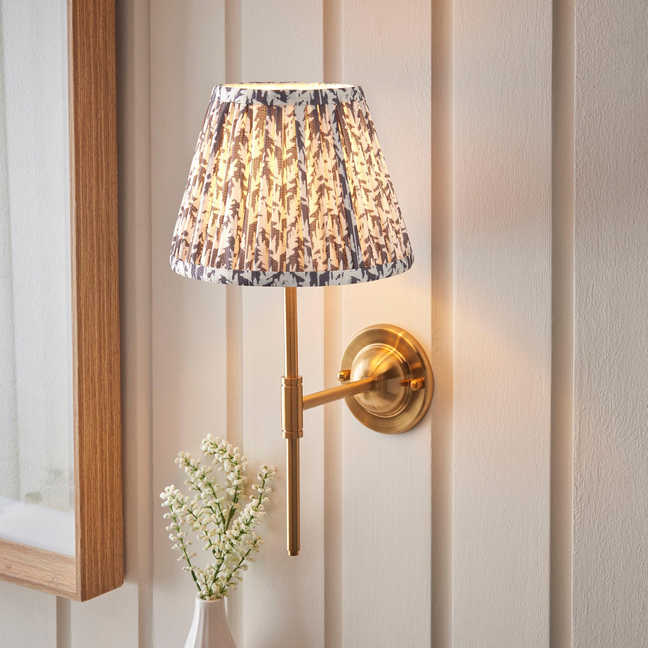 Dome T Bar Brass Wall Light & Leaf 20cm Pearl Grey Shade