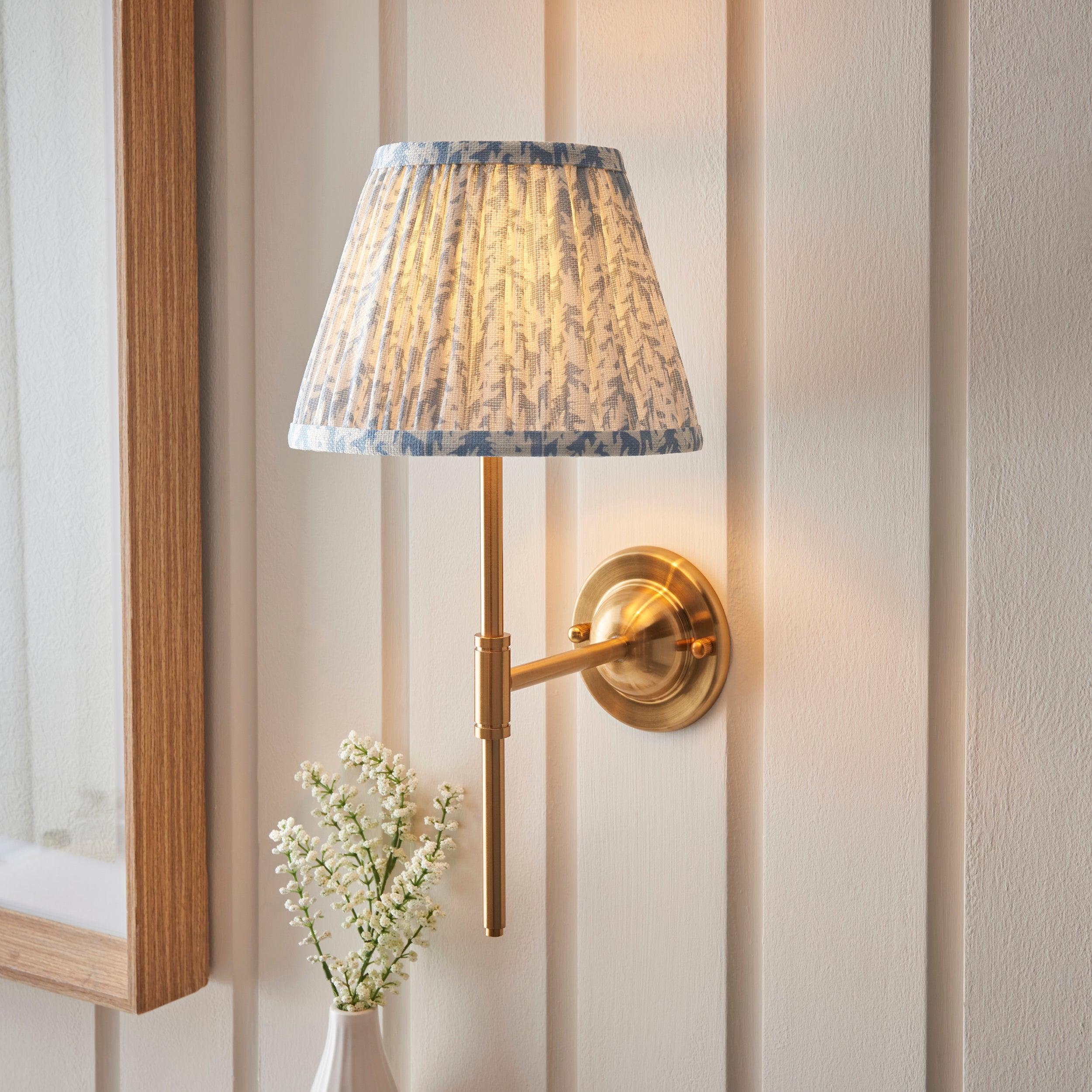 Dome T Bar Brass Wall Light & Leaf 20cm Shell Bay Blue Shade