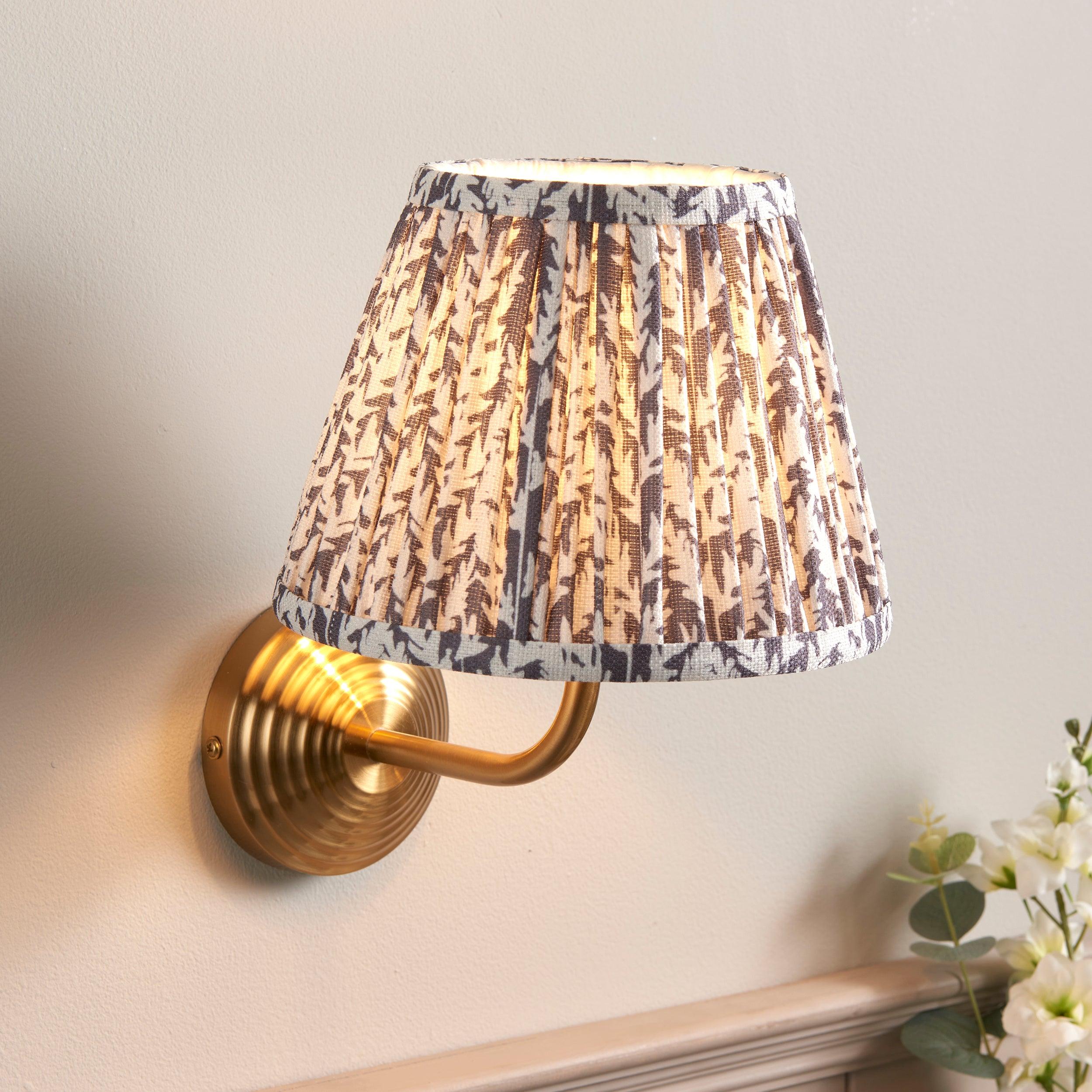 Obelisk Arc Brass Wall Light & Leaf 20cm Pearl Grey Shade