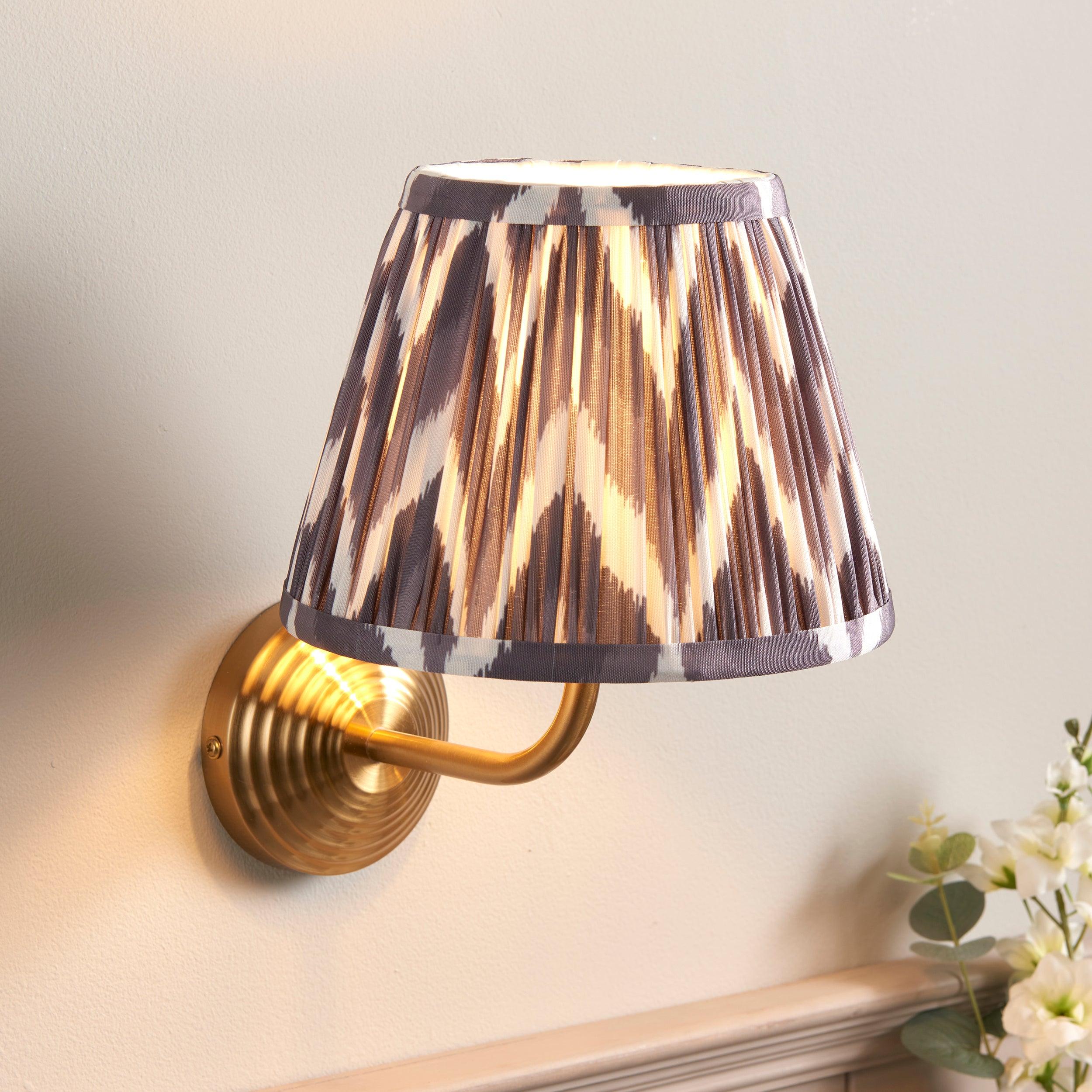 Obelisk Arc Brass Wall Light & Zigzag 20cm Pearl Grey Shade