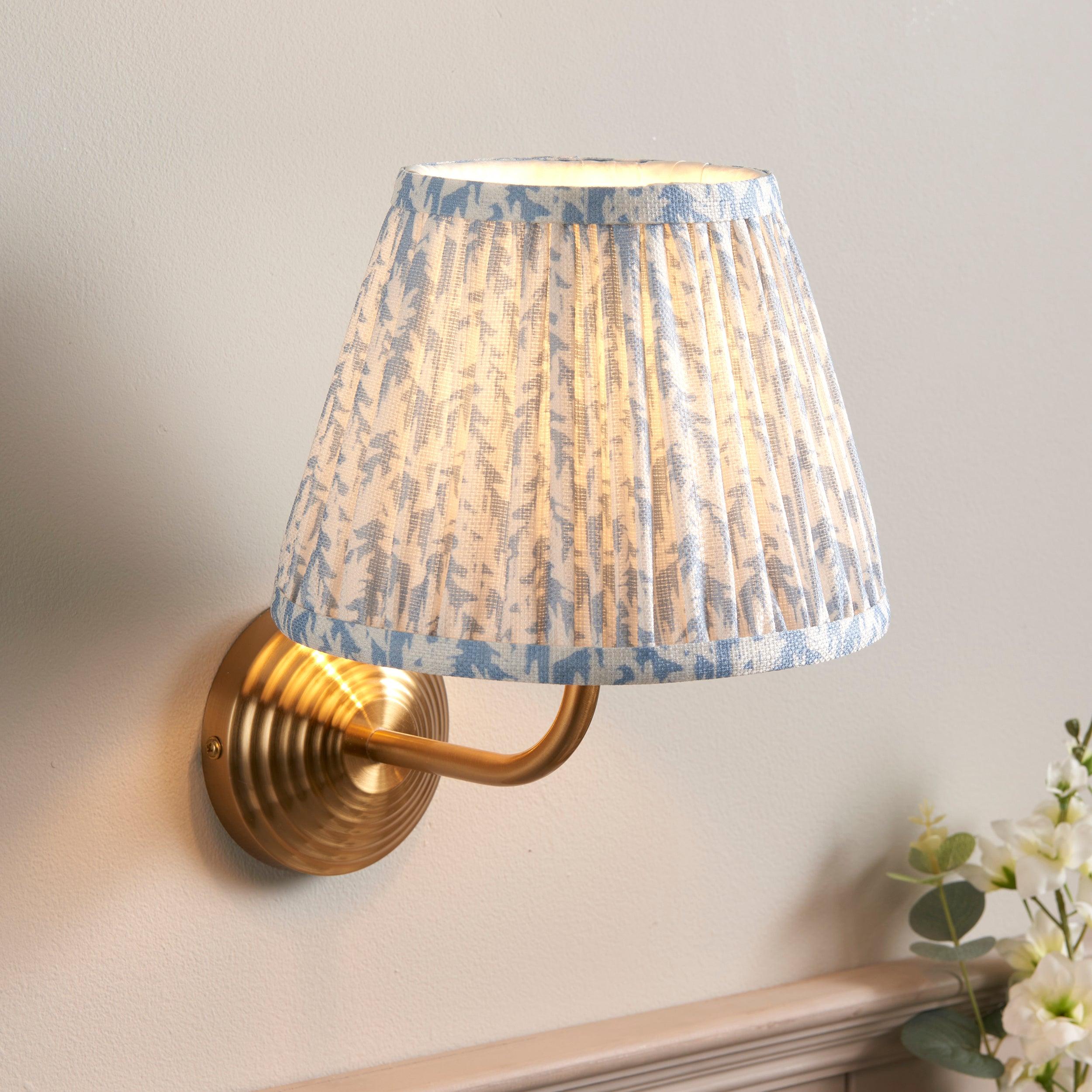 Obelisk Arc Brass Wall Light & Leaf 20cm Shell Bay Blue Shade