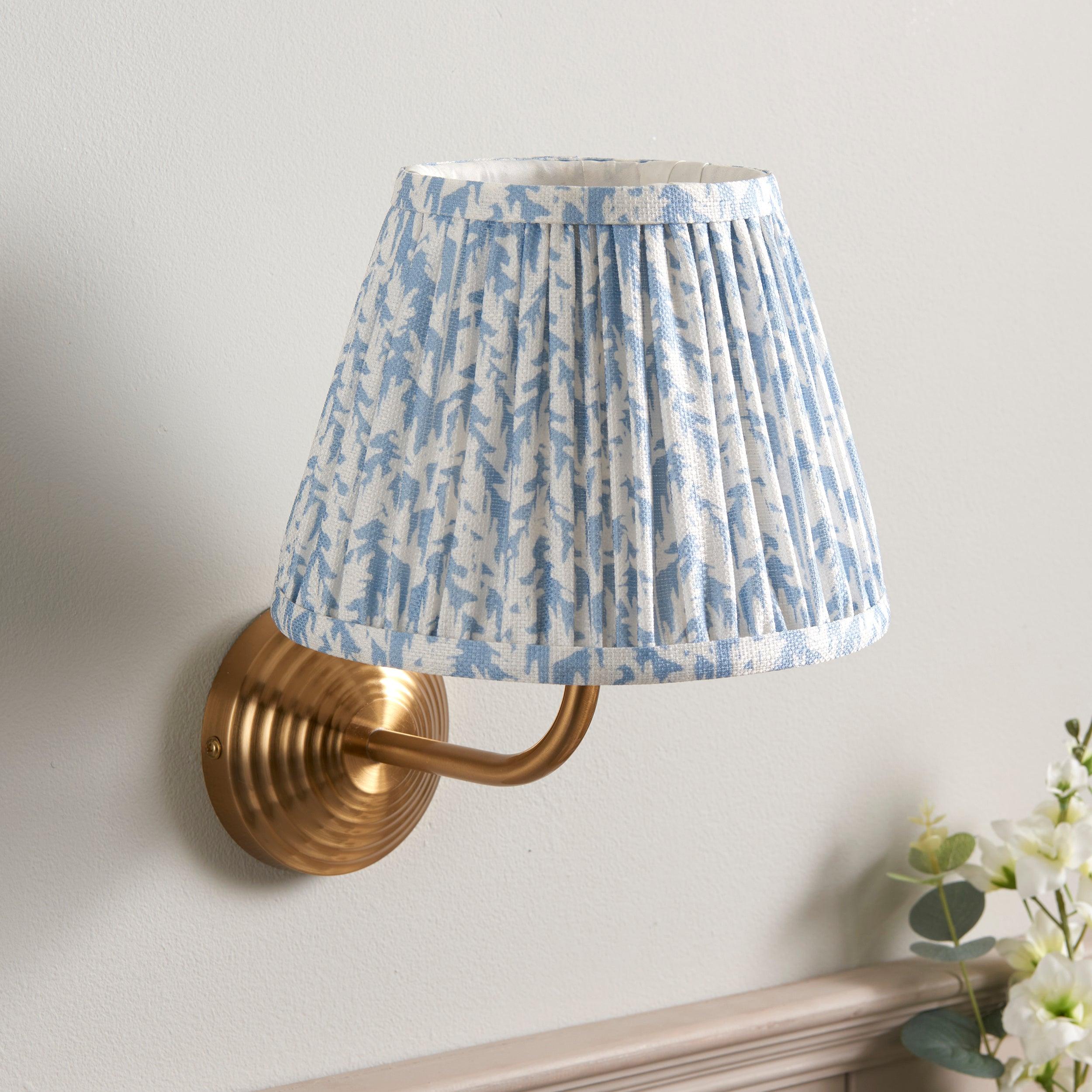 Obelisk Arc Brass Wall Light & Leaf 20cm Shell Bay Blue Shade