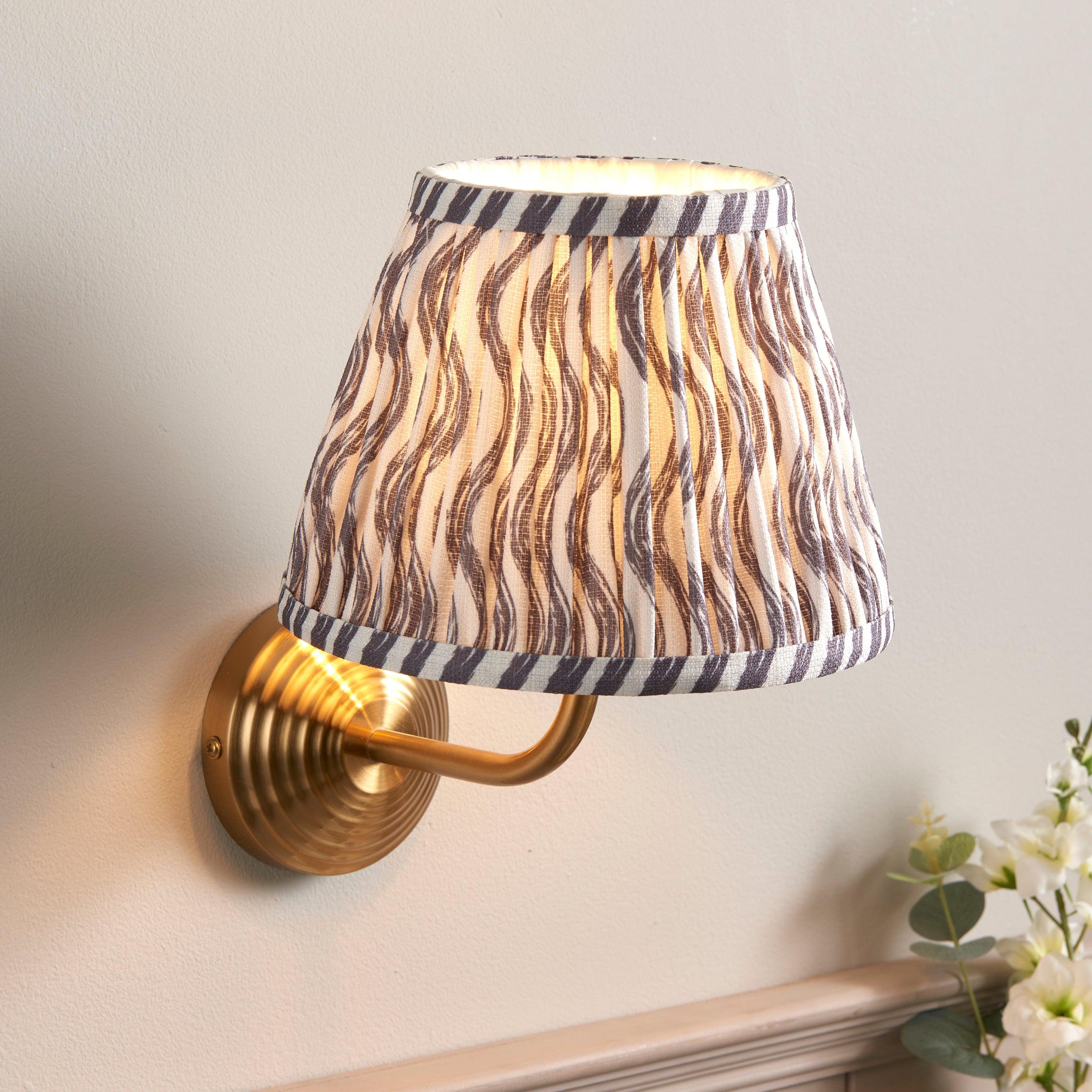 Obelisk Arc Brass Wall Light & Ripple 20cm Pearl Grey Shade