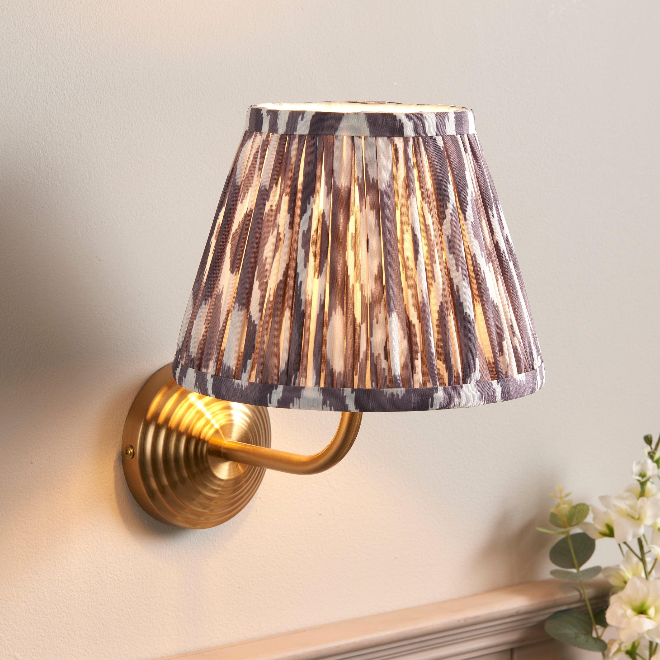 Obelisk Arc Brass Wall Light & Ikat 20cm Pearl Grey Shade