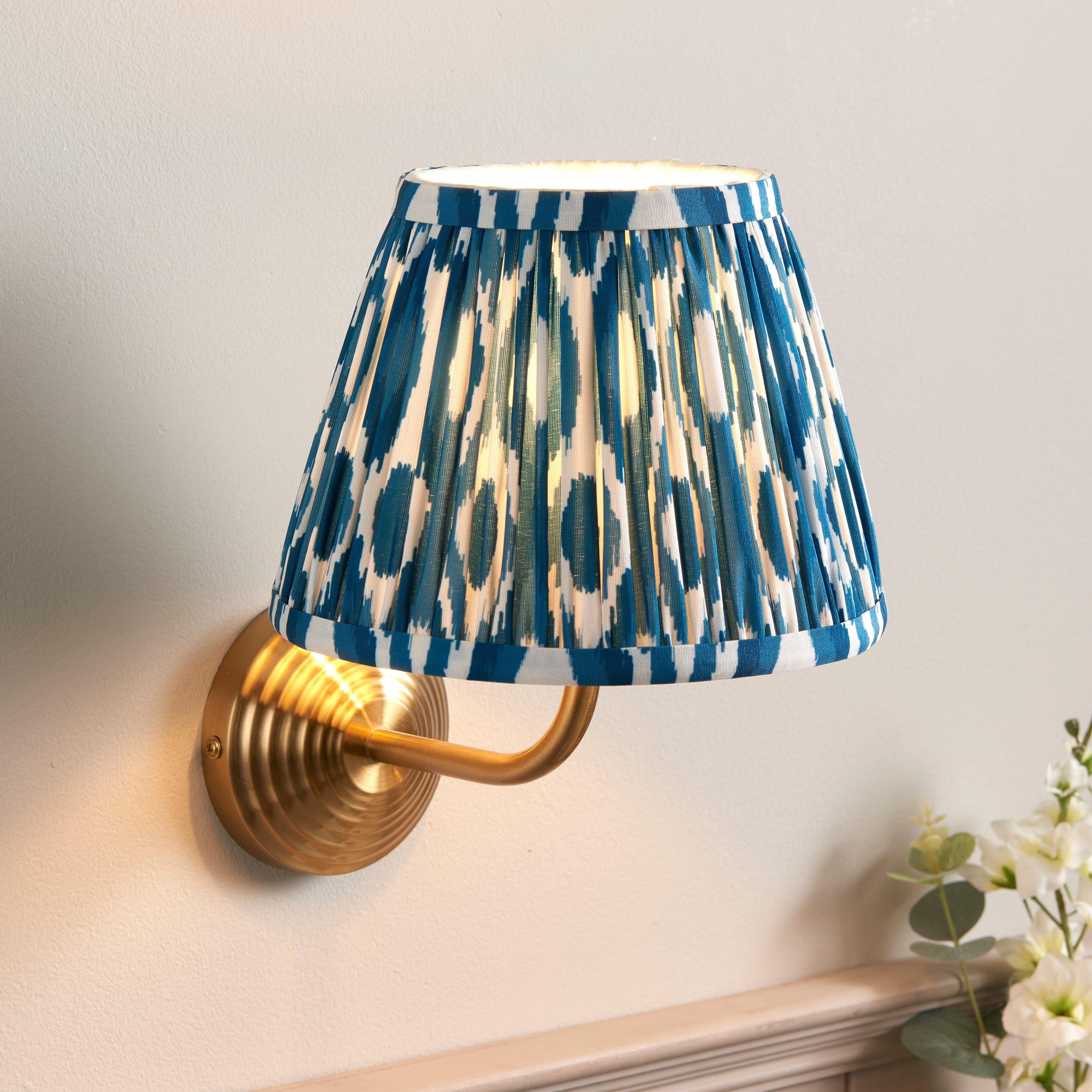 Obelisk Arc Brass Wall Light & Ikat 20cm Marlin Blue Shade