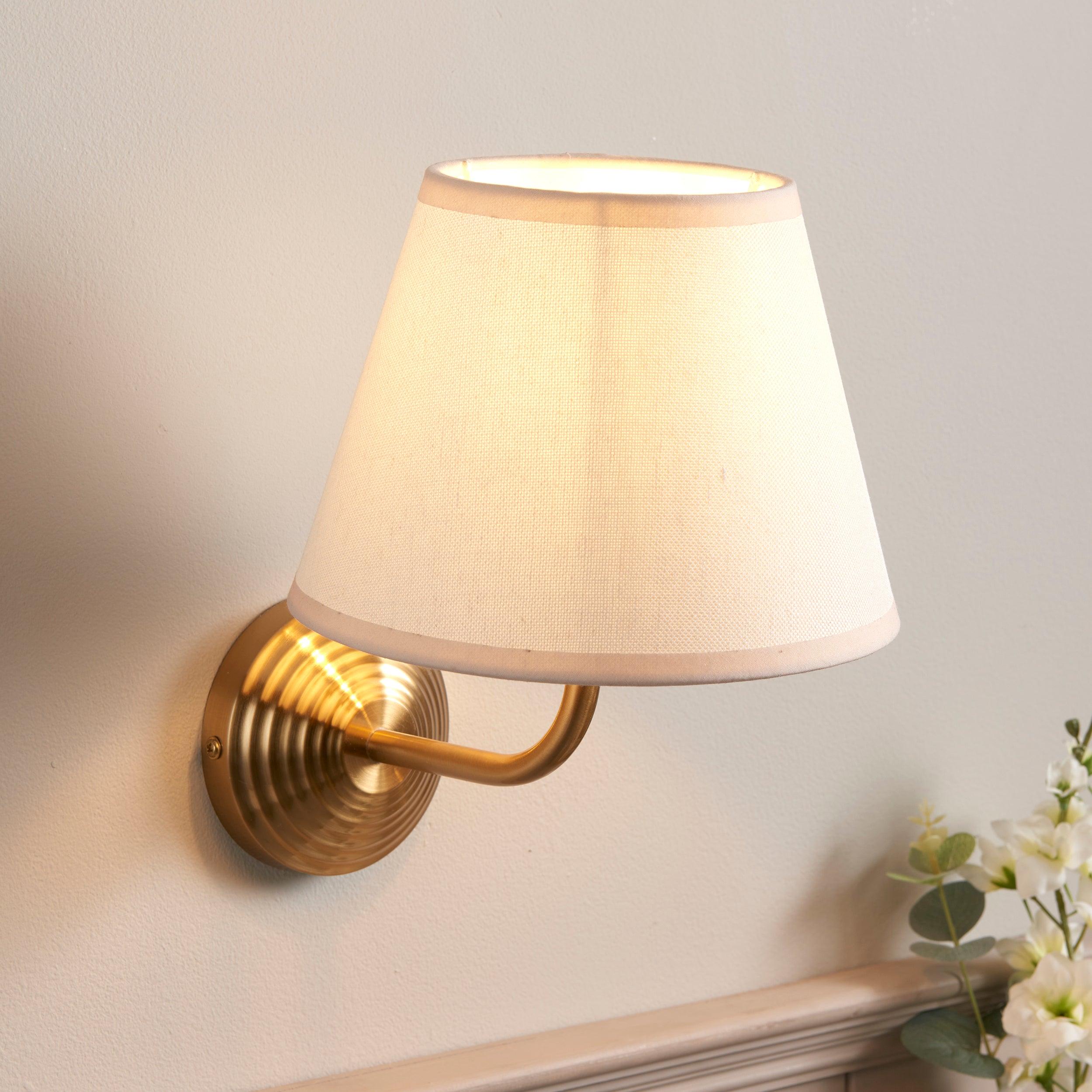 Obelisk Arc Brass Wall Light & Ivy 20cm Vintage white Shade