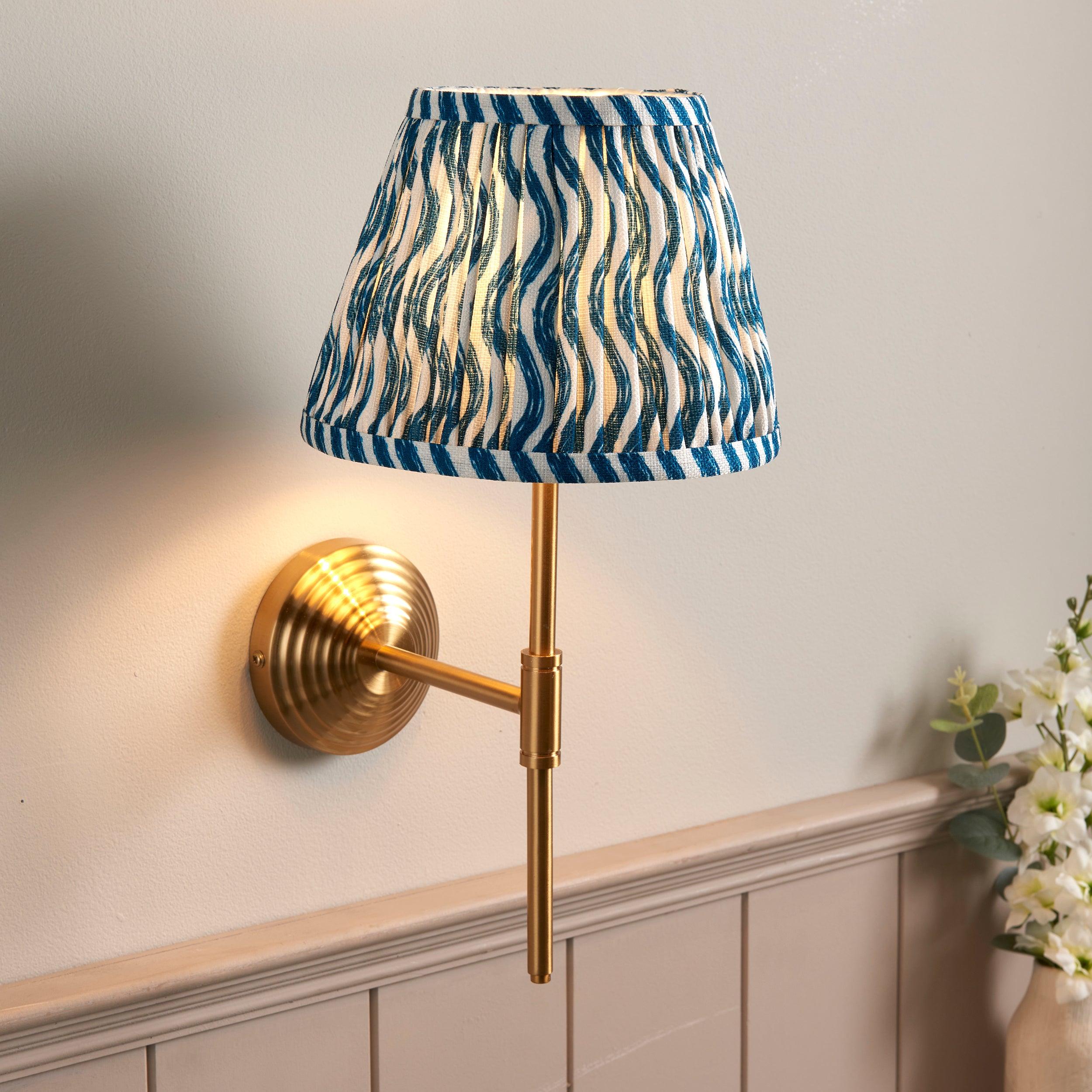 Obelisk Brass Wall Light T Bar & Ripple 20cm Marlin Blue Shade