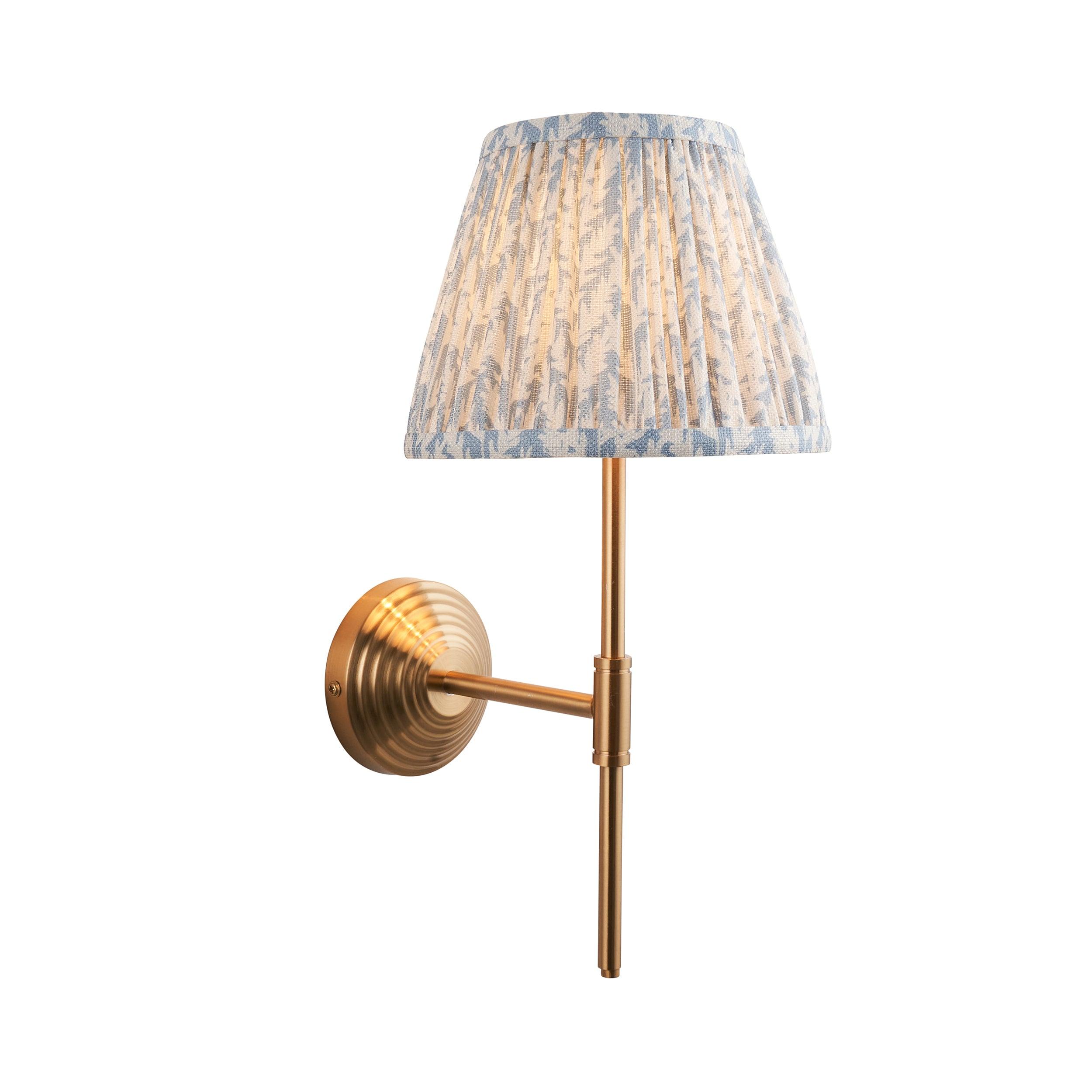 Obelisk Brass Wall Light T Bar & Leaf 20cm Shell Bay Blue Shade