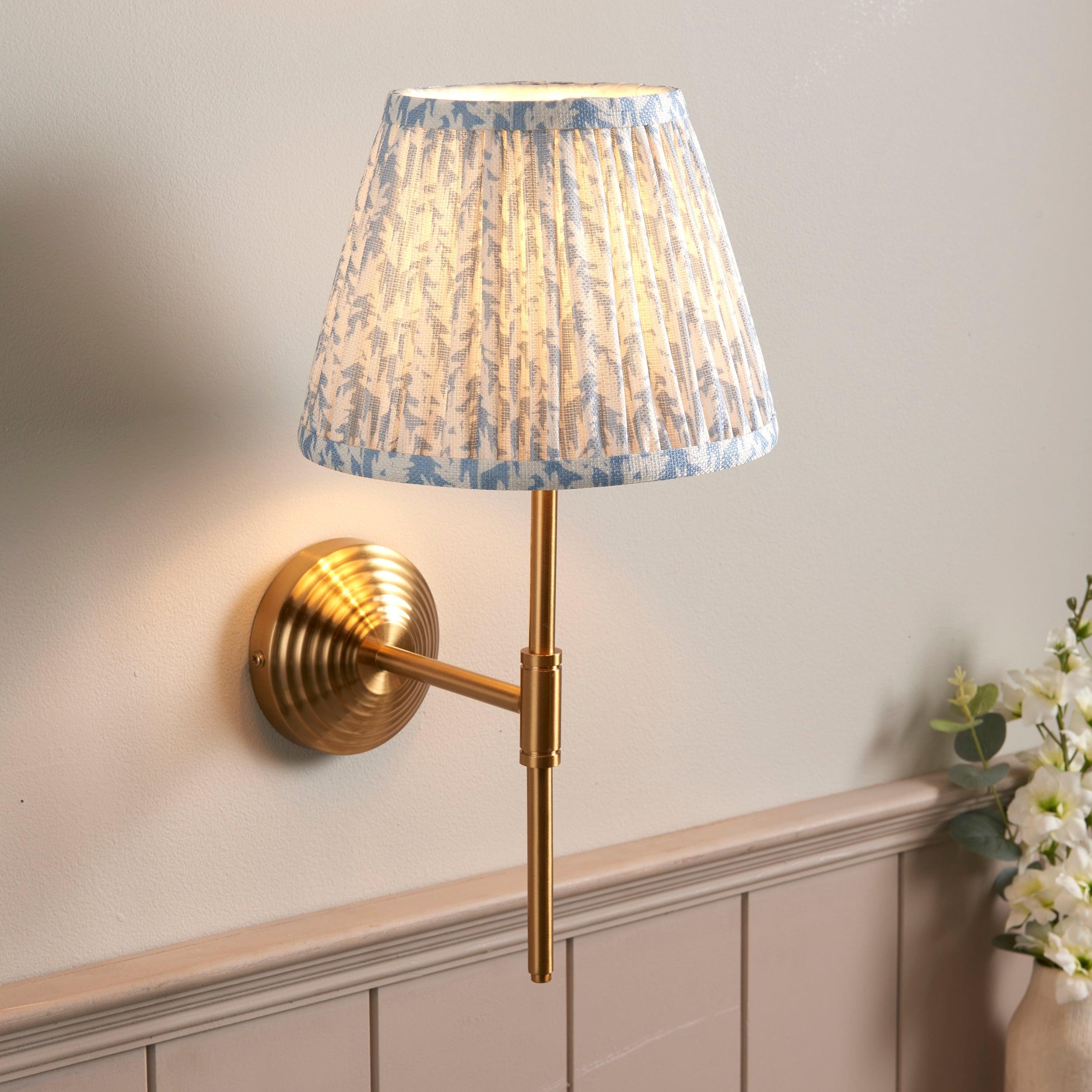Obelisk Brass Wall Light T Bar & Leaf 20cm Shell Bay Blue Shade