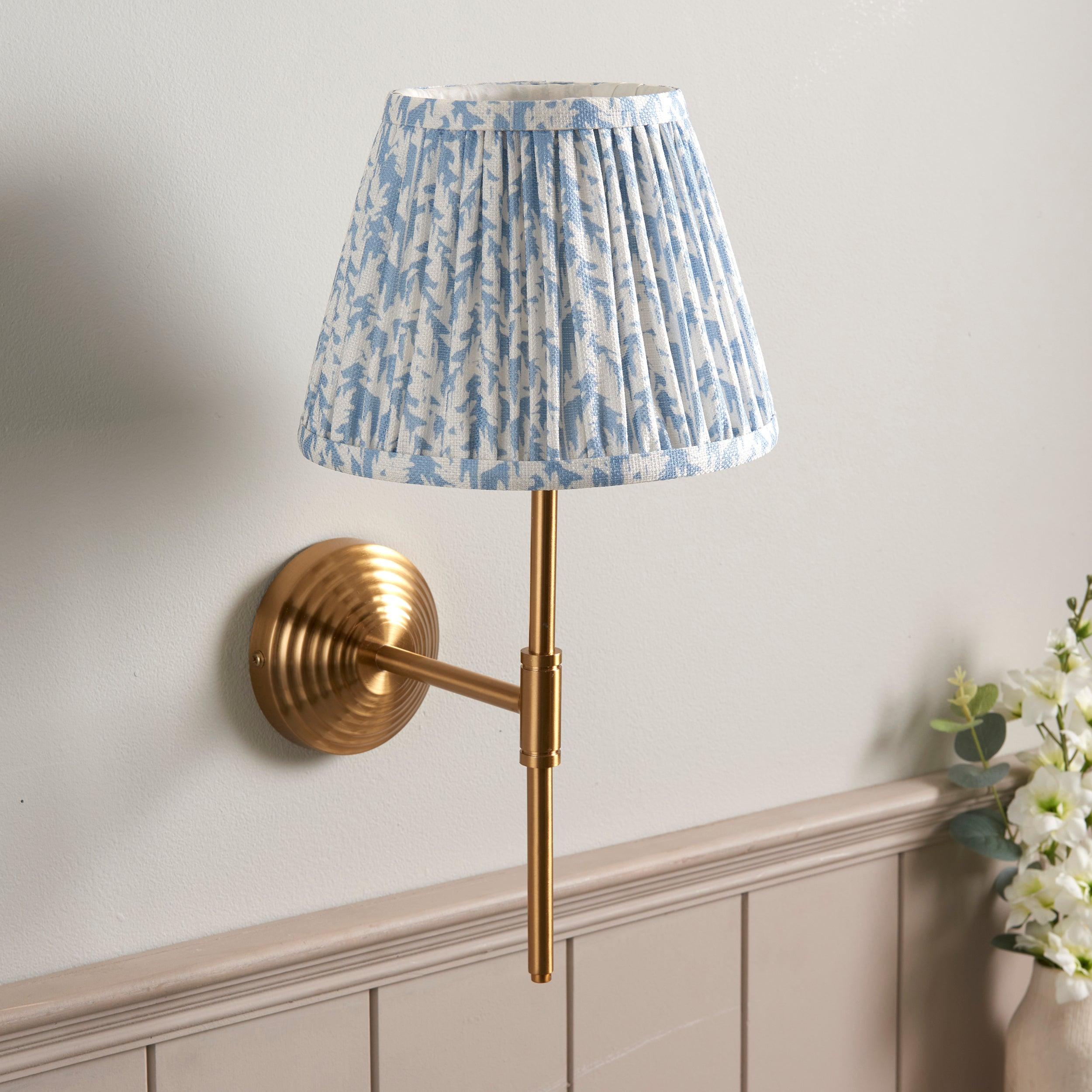 Obelisk Brass Wall Light T Bar & Leaf 20cm Shell Bay Blue Shade