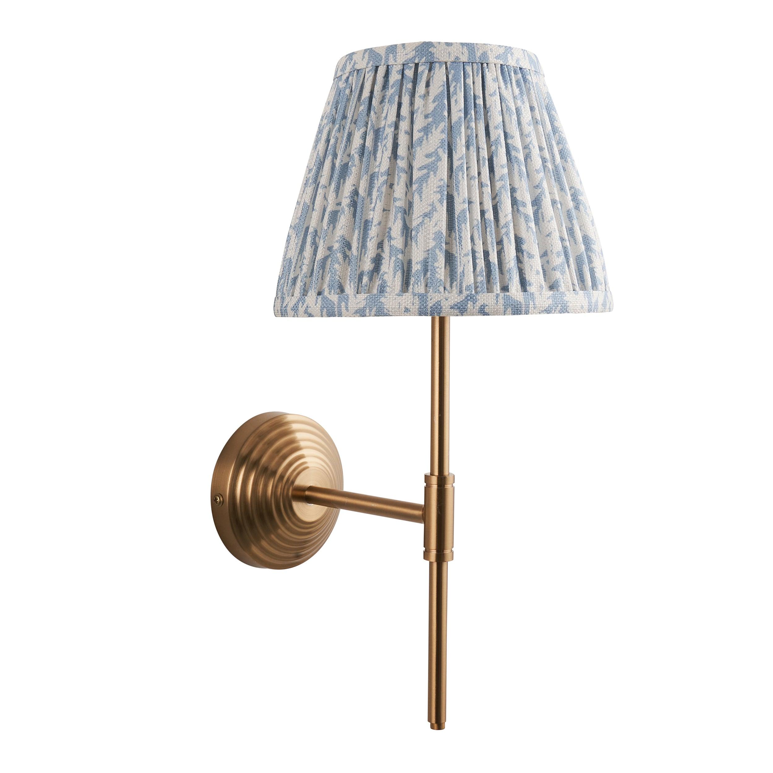 Obelisk Brass Wall Light T Bar & Leaf 20cm Shell Bay Blue Shade