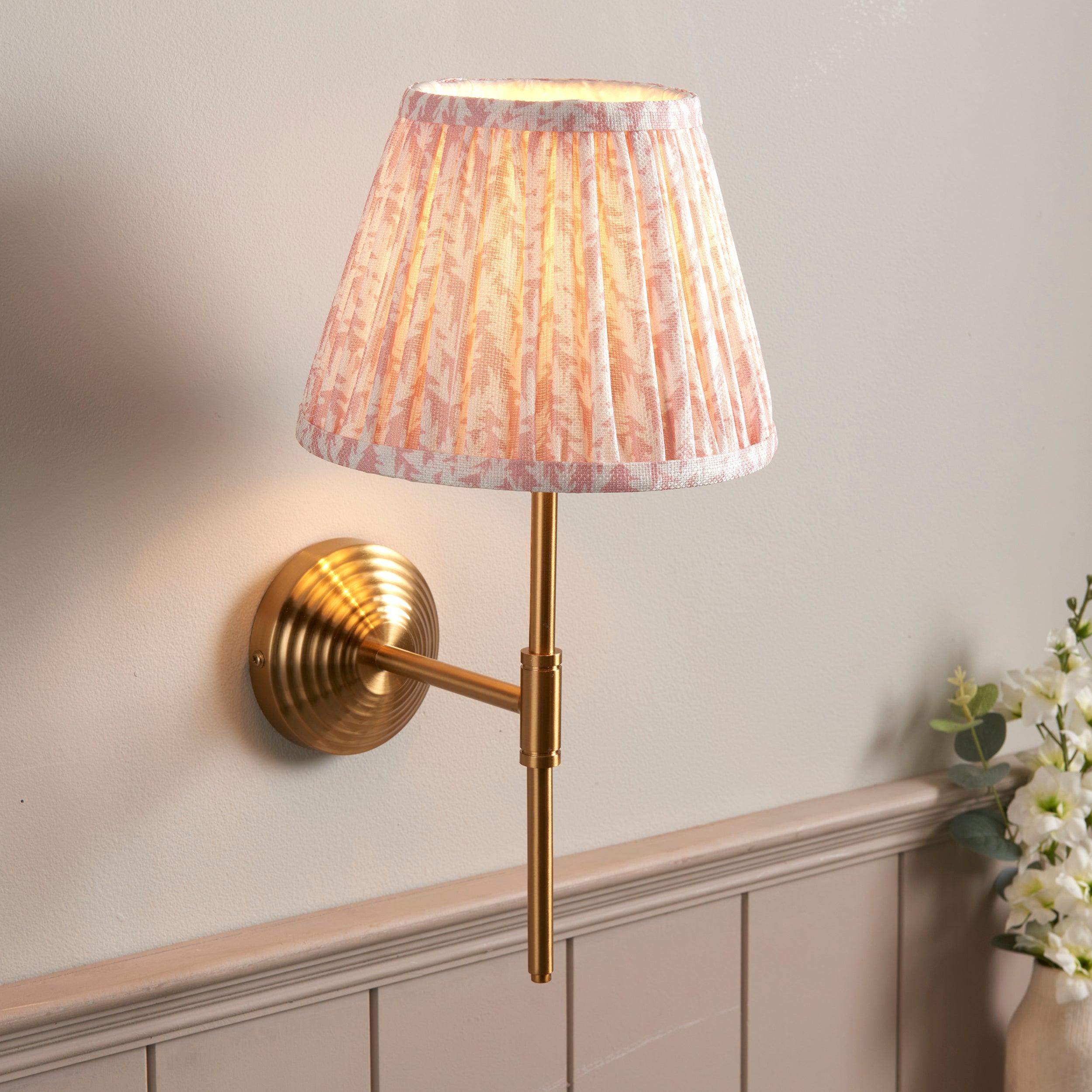 Obelisk Brass Wall Light T Bar & Leaf 20cm Peachy keen Shade