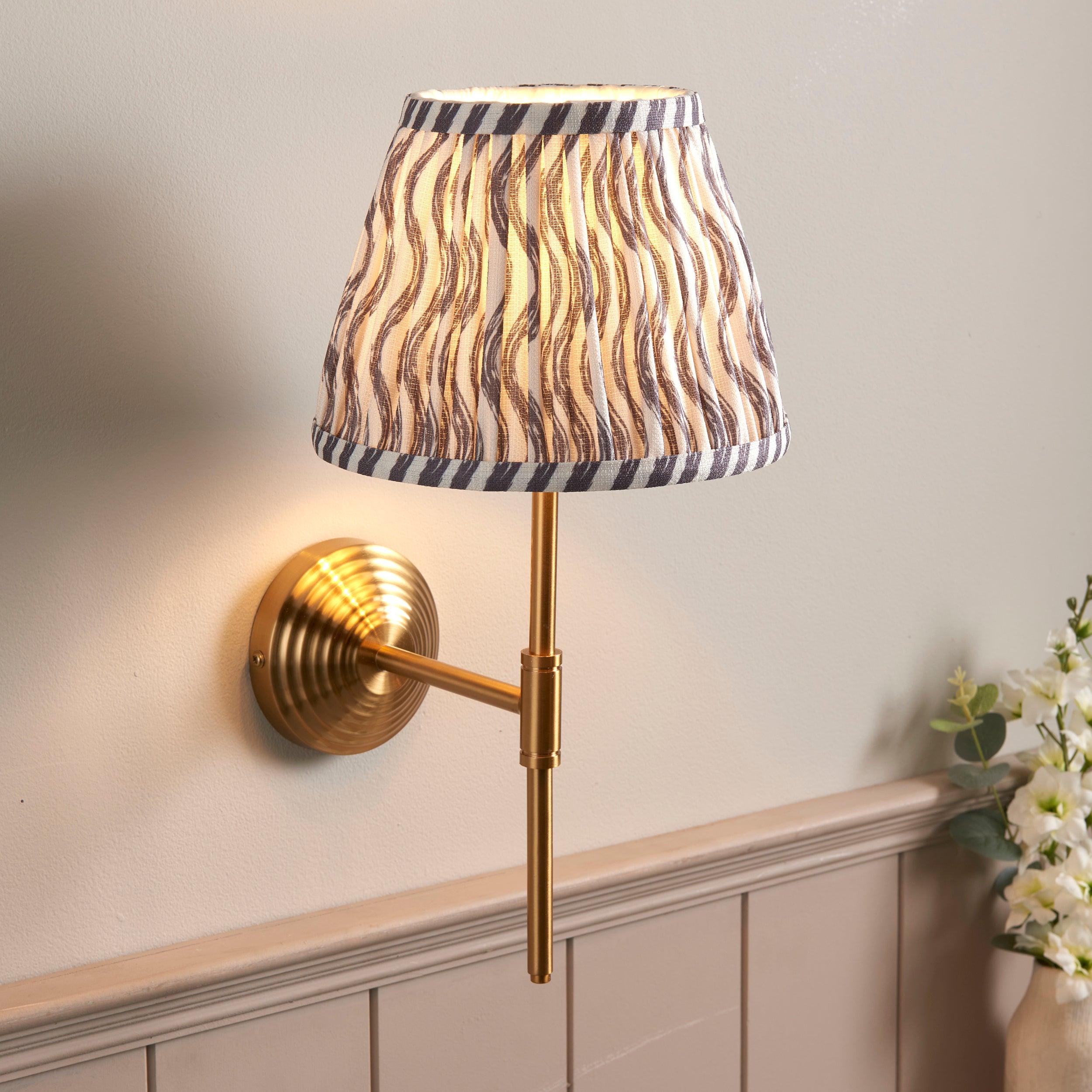 Obelisk Brass Wall Light T Bar & Ripple 20cm Pearl Grey Shade