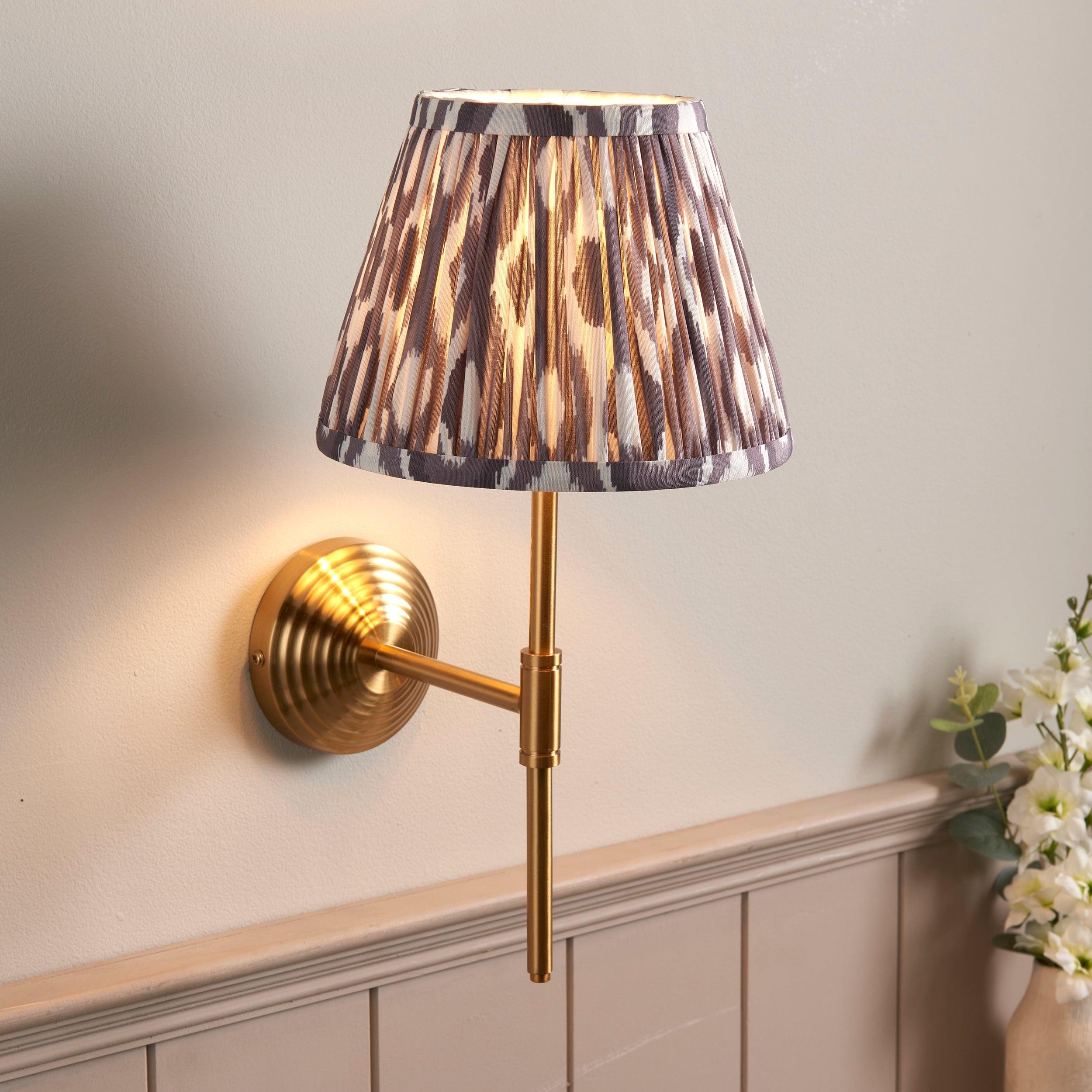 Obelisk Brass Wall Light T Bar & Ikat 20cm Pearl Grey Shade