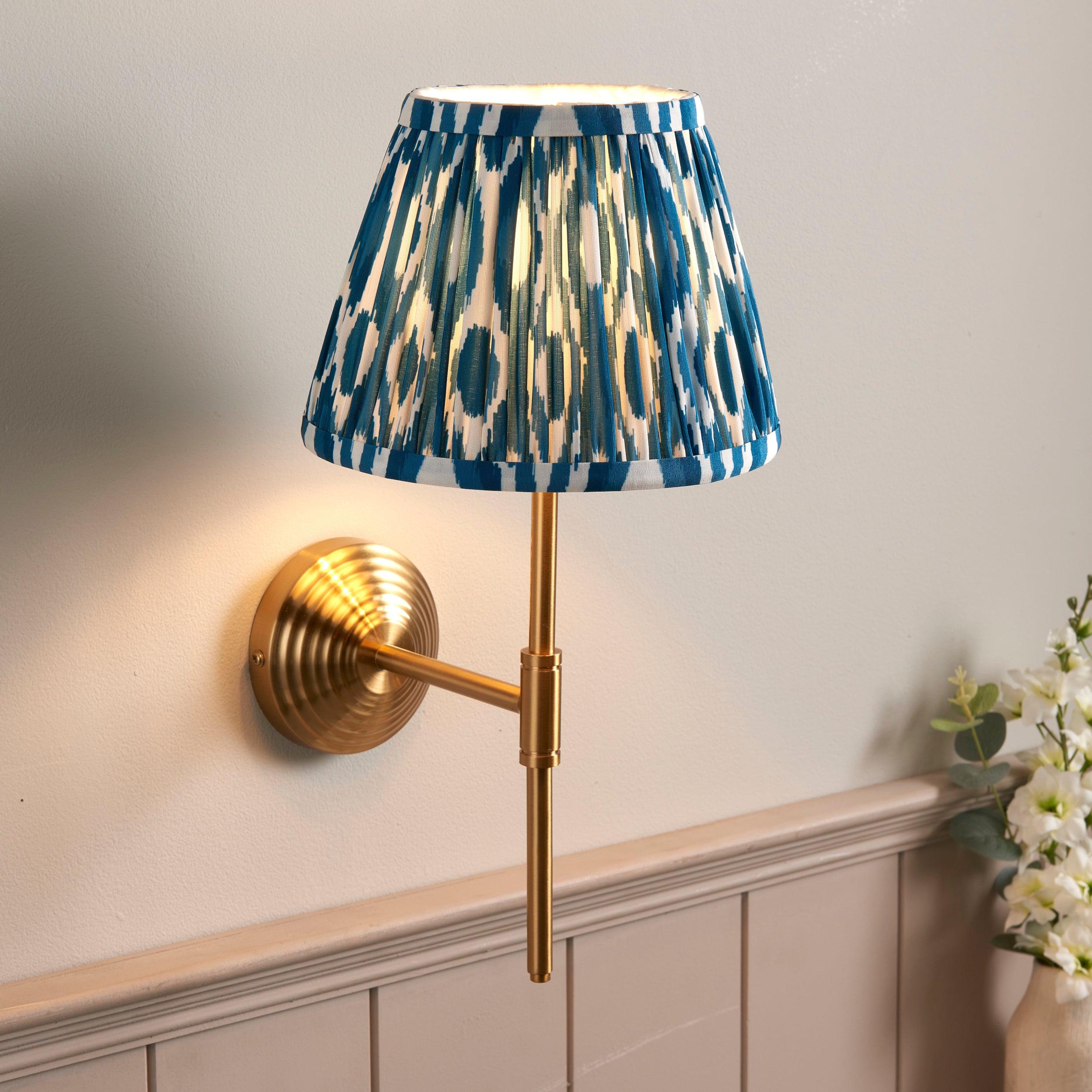 Obelisk Brass Wall Light T Bar & Ikat 20cm Marlin Blue Shade