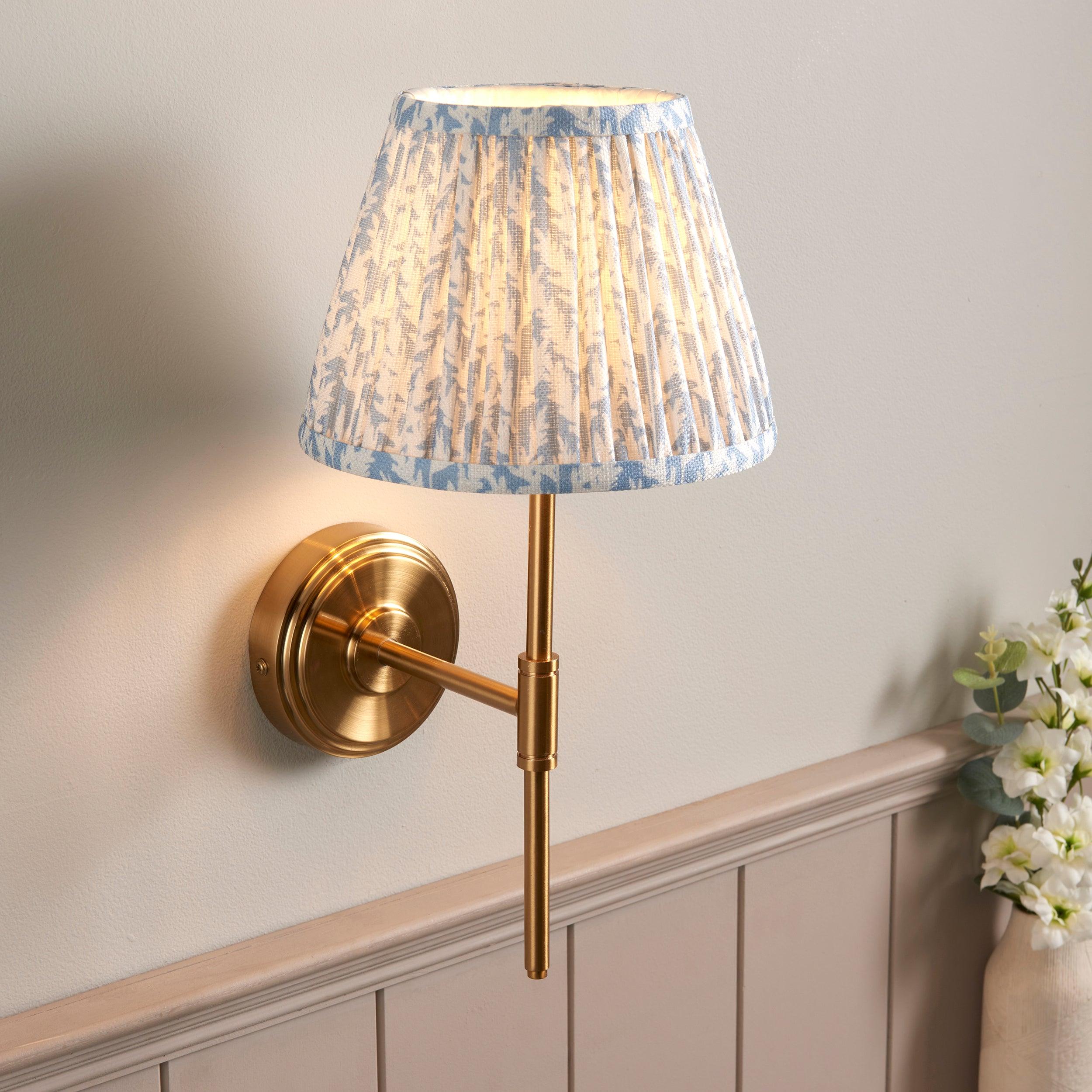 Step T Bar Brass Wall Light & Leaf 20cm Shell Bay Blue Shade