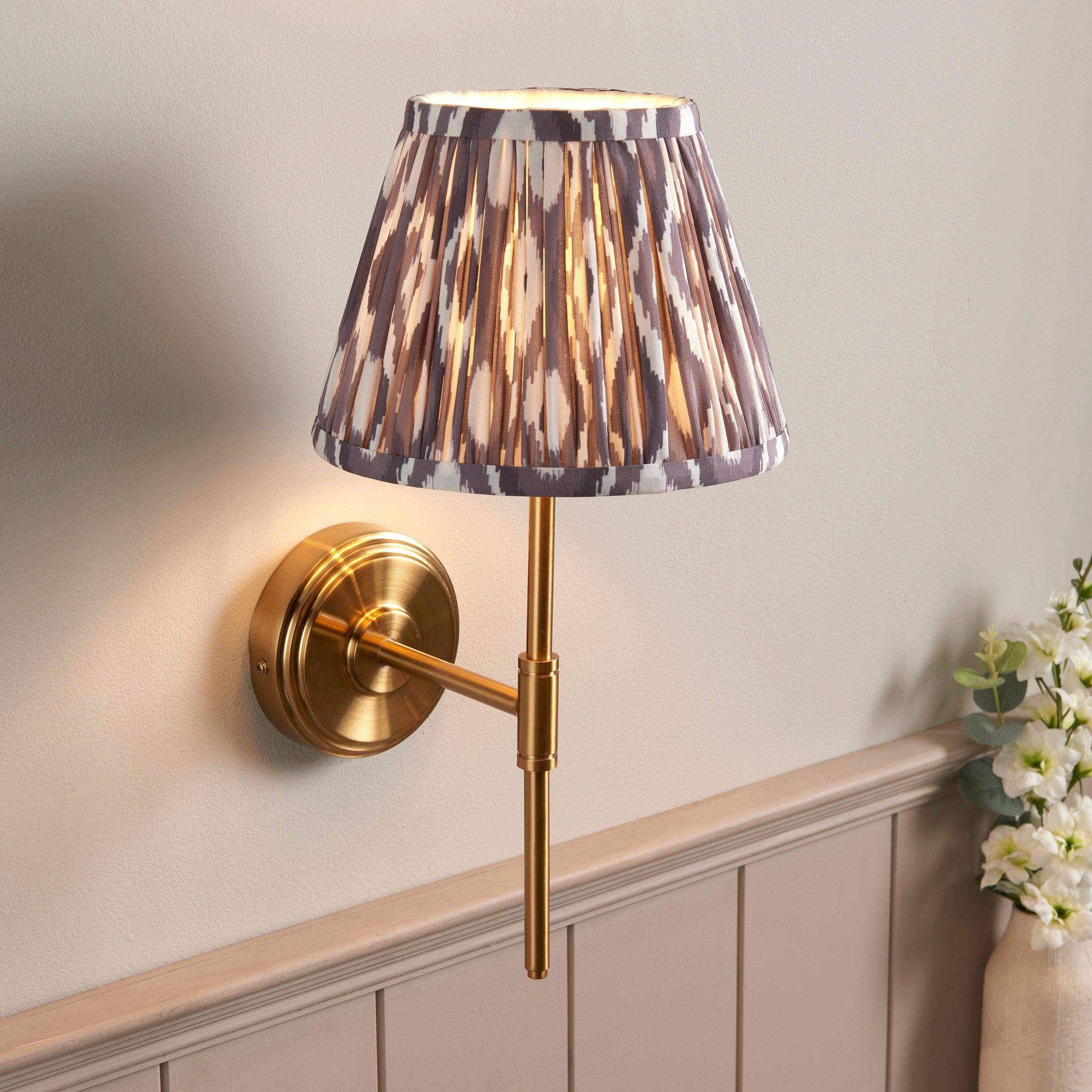 Step T Bar Brass Wall Light & Ikat 20cm Pearl Grey Shade