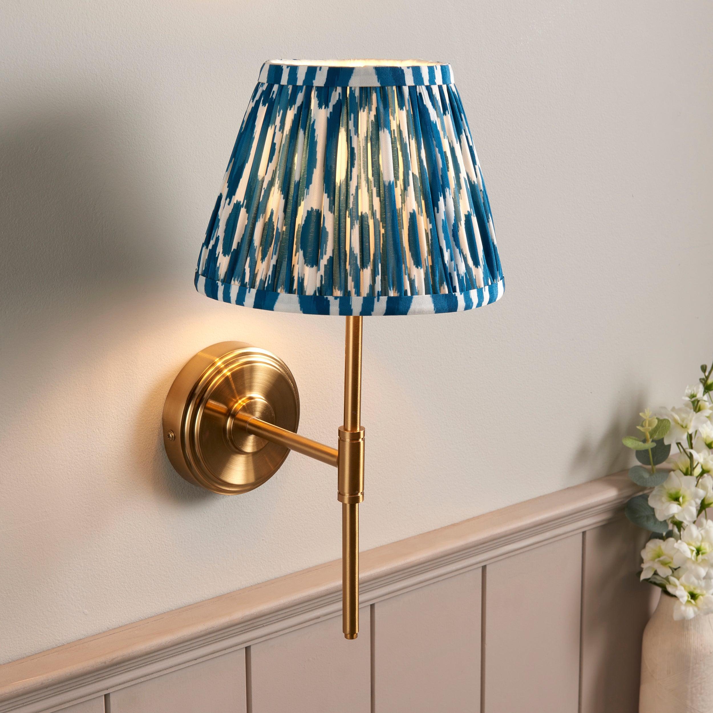 Step T Bar Brass Wall Light & Ikat 20cm Marlin Blue Shade