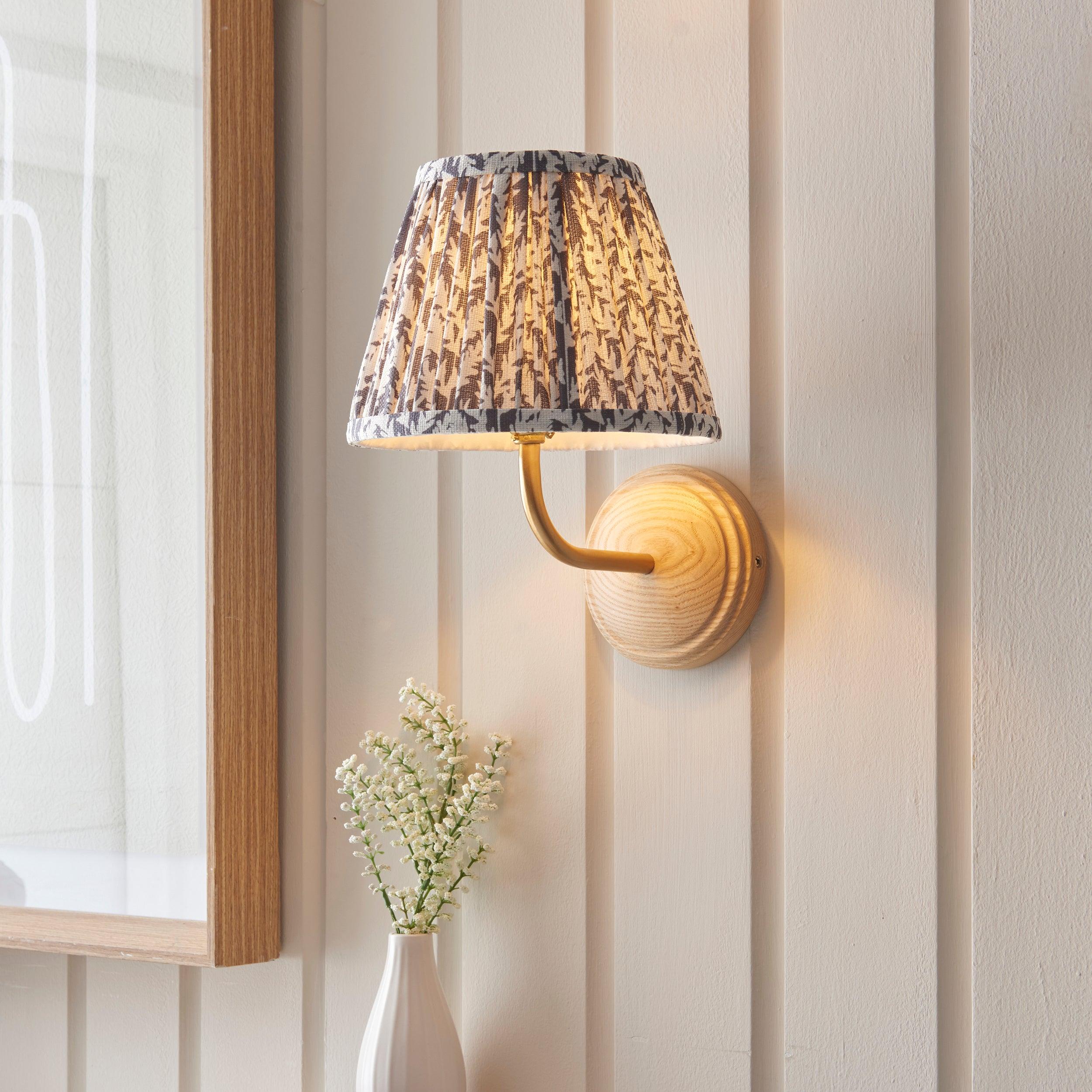 Wood Arc Wooden Wall Light & Leaf 20cm Pearl Grey Shade