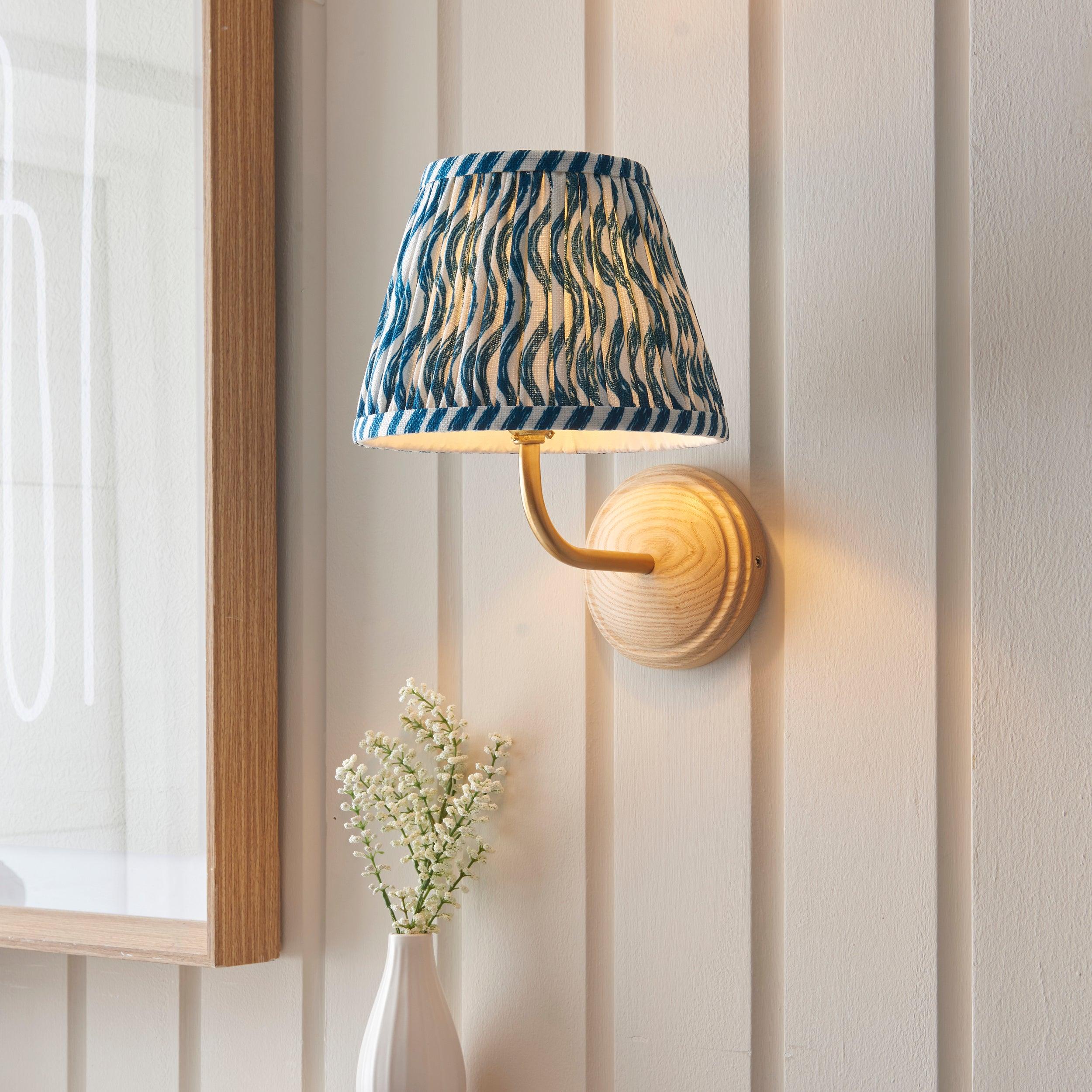 Wood Arc Wooden Wall Light & Ripple 20cm Marlin Blue Shade