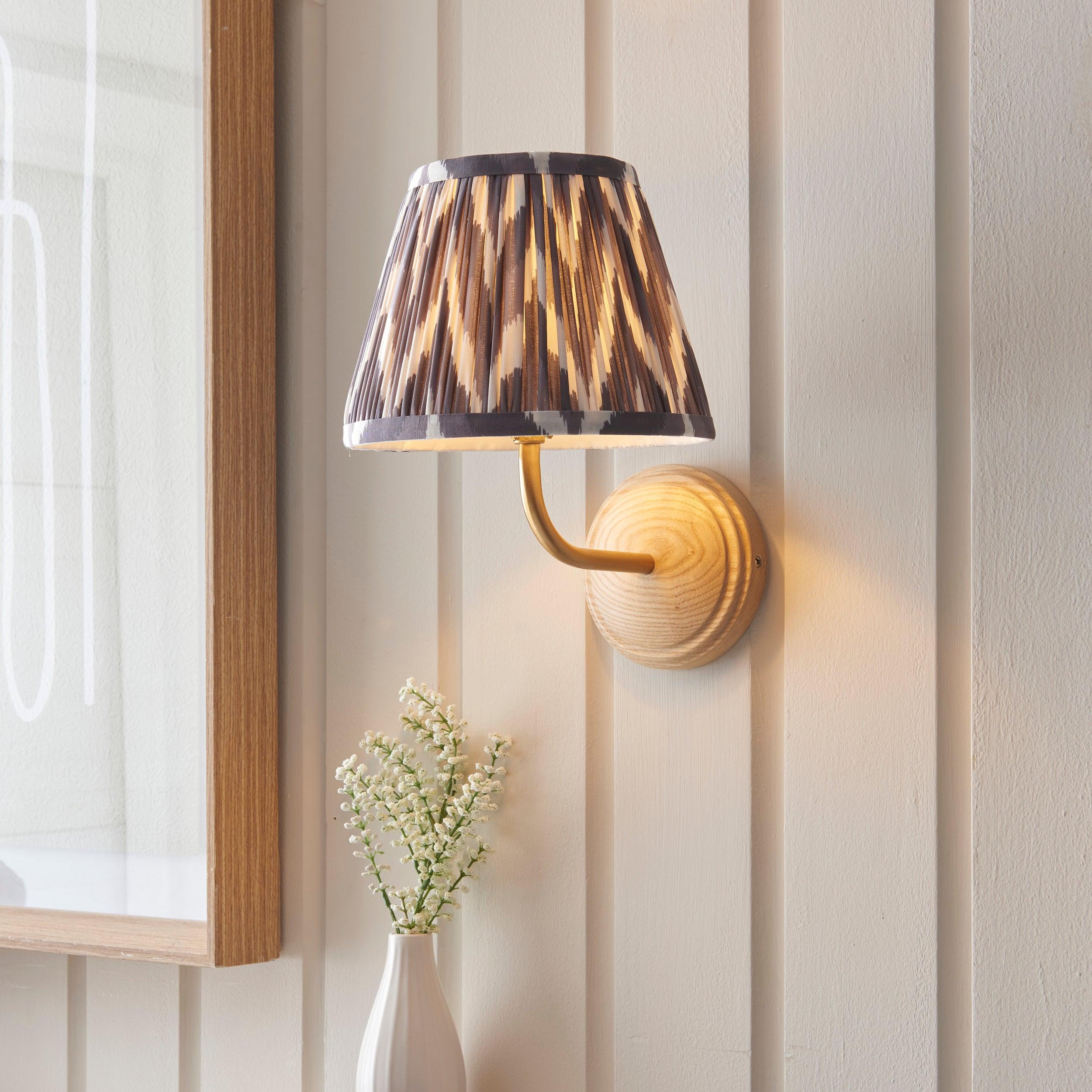 Wood Arc Wooden Wall Light & Zigzag 20cm Pearl Grey Shade
