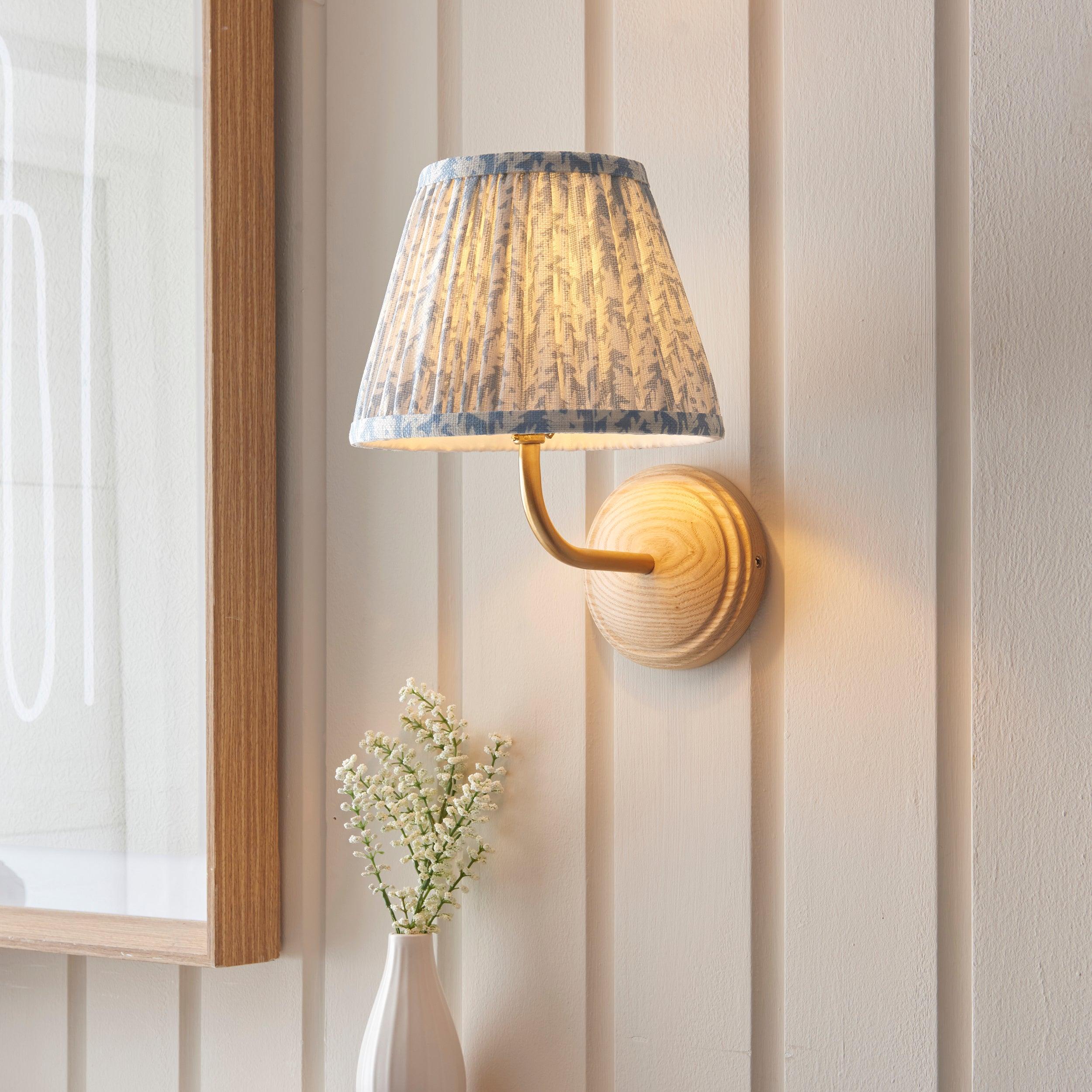 Wood Arc Wooden Wall Light & Leaf 20cm Shell Bay Blue Shade