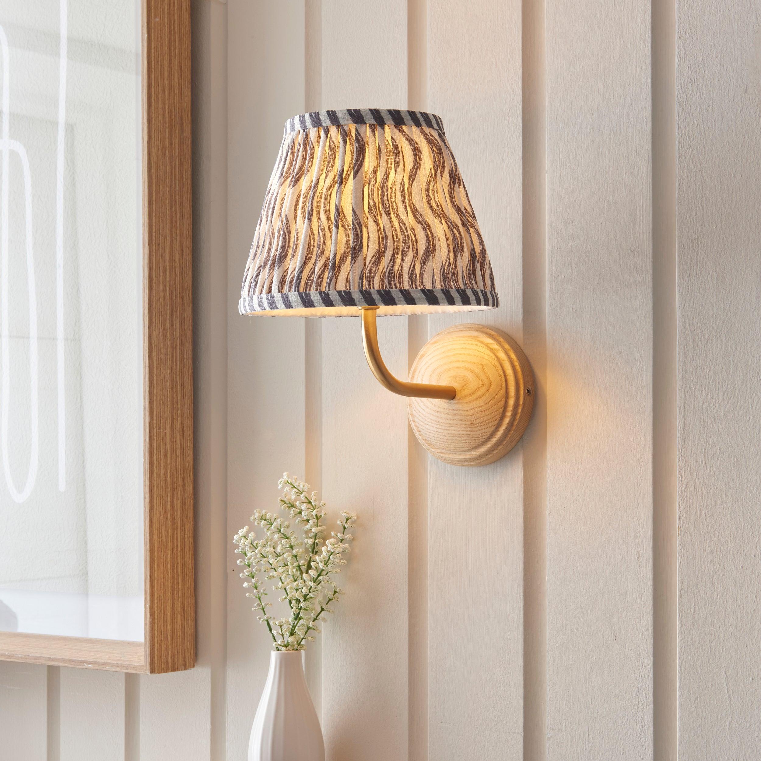 Wood Arc Wooden Wall Light & Ripple 20cm Pearl Grey Shade