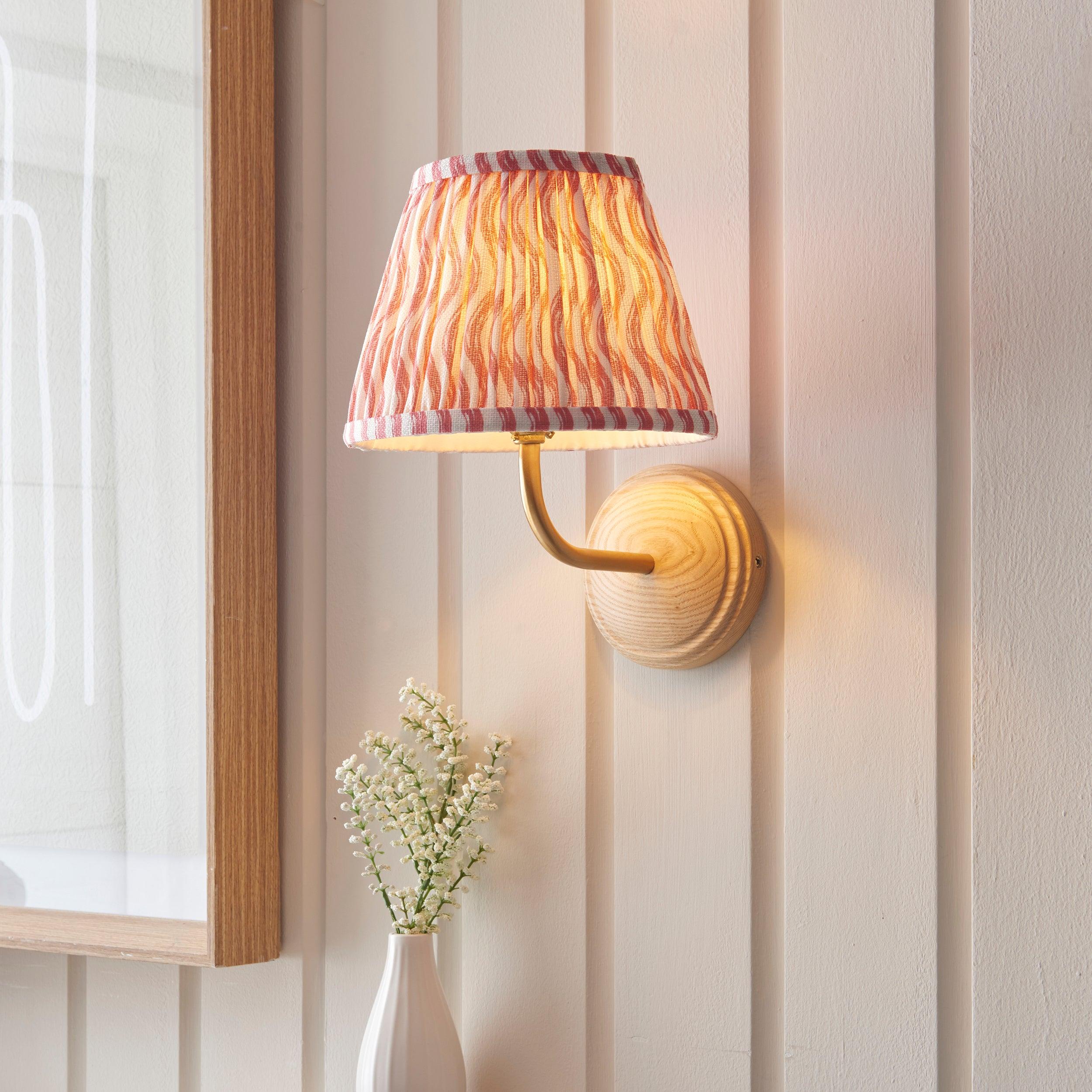 Wood Arc Wooden Wall Light & Ripple 20cm Coral Pink Shade