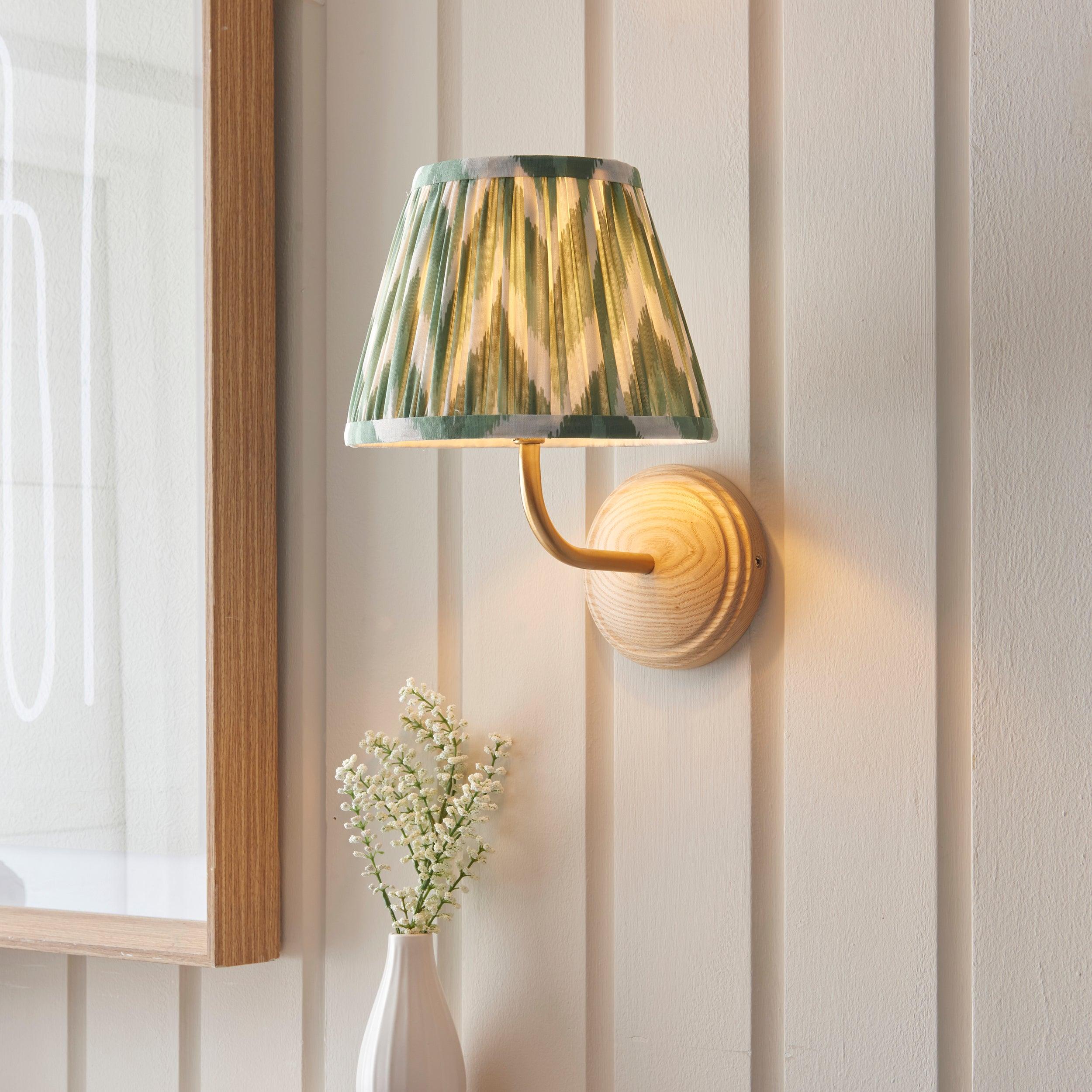 Wood Arc Wooden Wall Light & Zigzag 20cm Cotswold Green Shade
