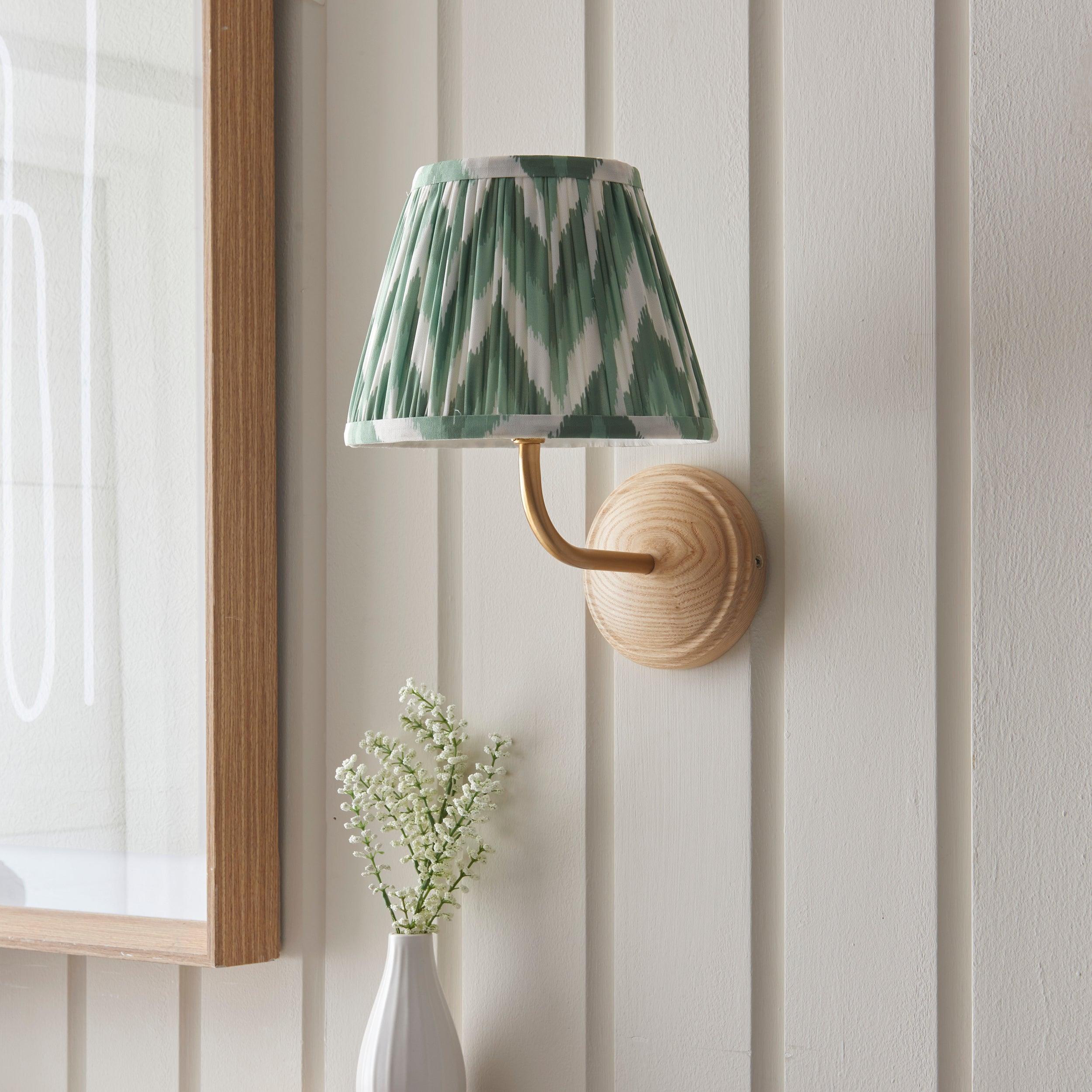Wood Arc Wooden Wall Light & Zigzag 20cm Cotswold Green Shade