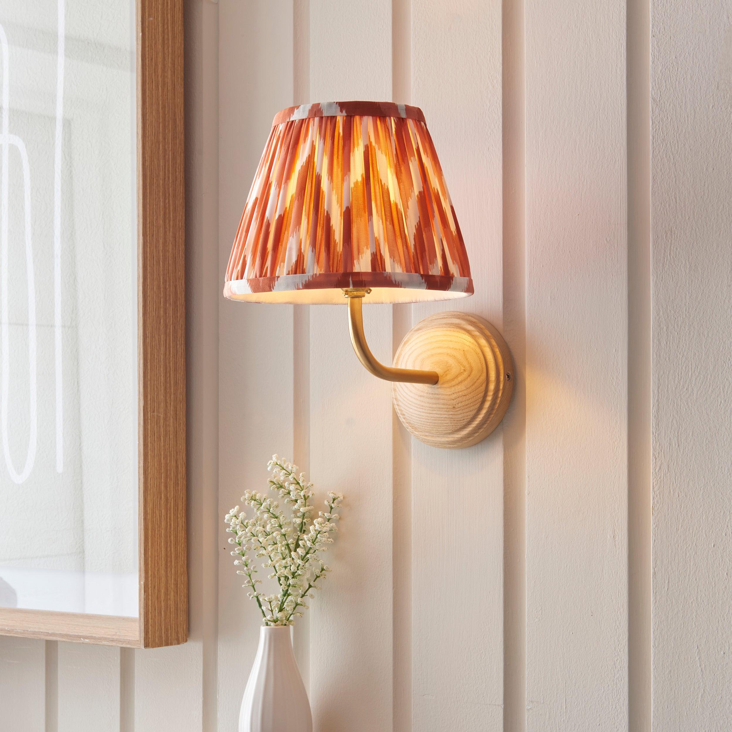 Wood Arc Wooden Wall Light & Zigzag 20cm Apricot Orange Shade