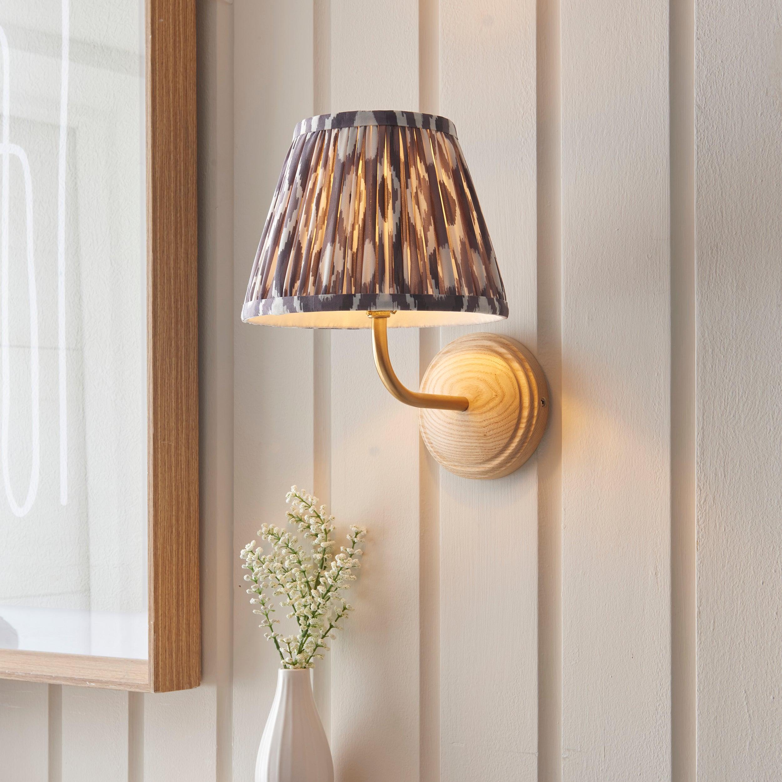 Wood Arc Wooden Wall Light & Ikat 20cm Pearl Grey Shade