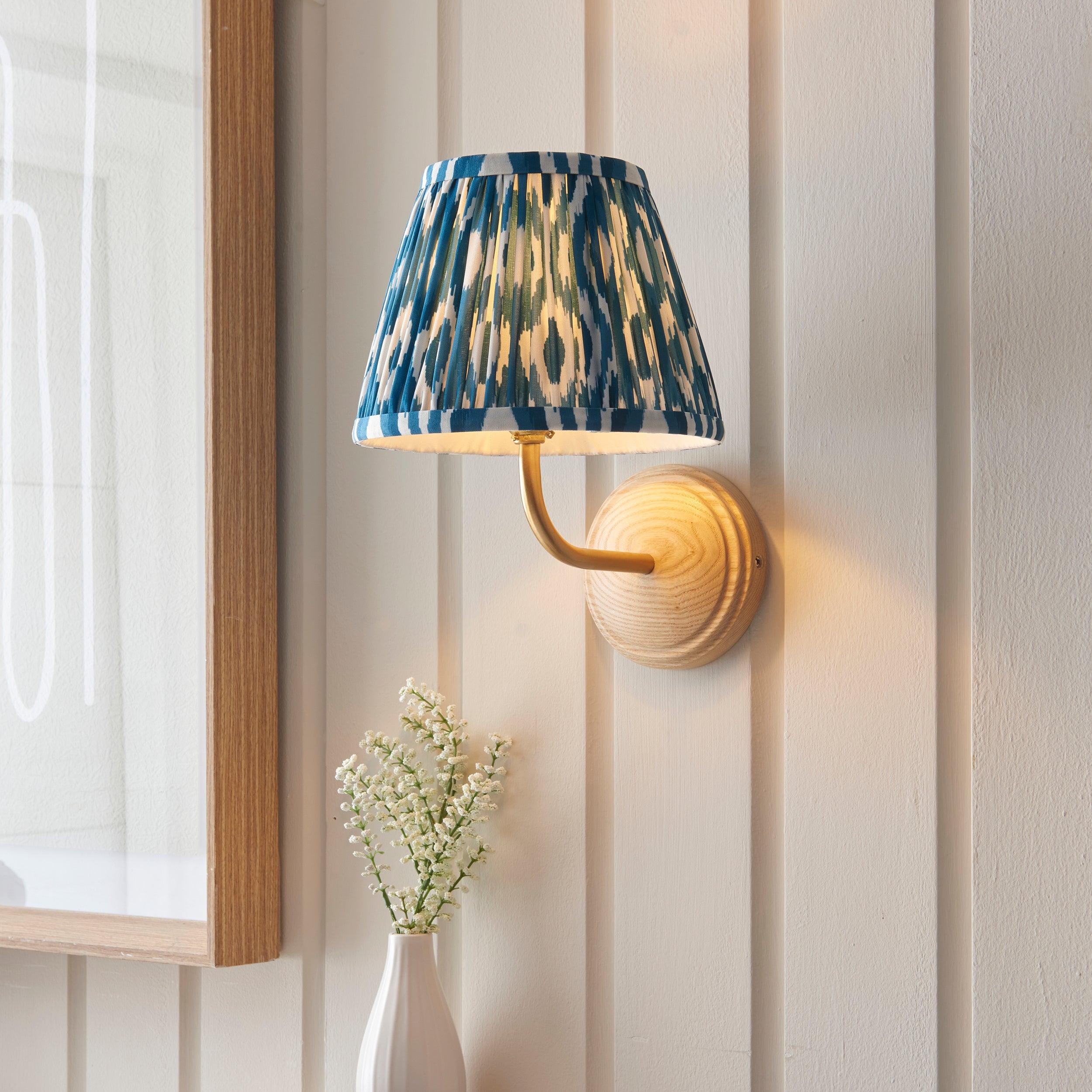 Wood Arc Wooden Wall Light & Ikat 20cm Marlin Blue Shade