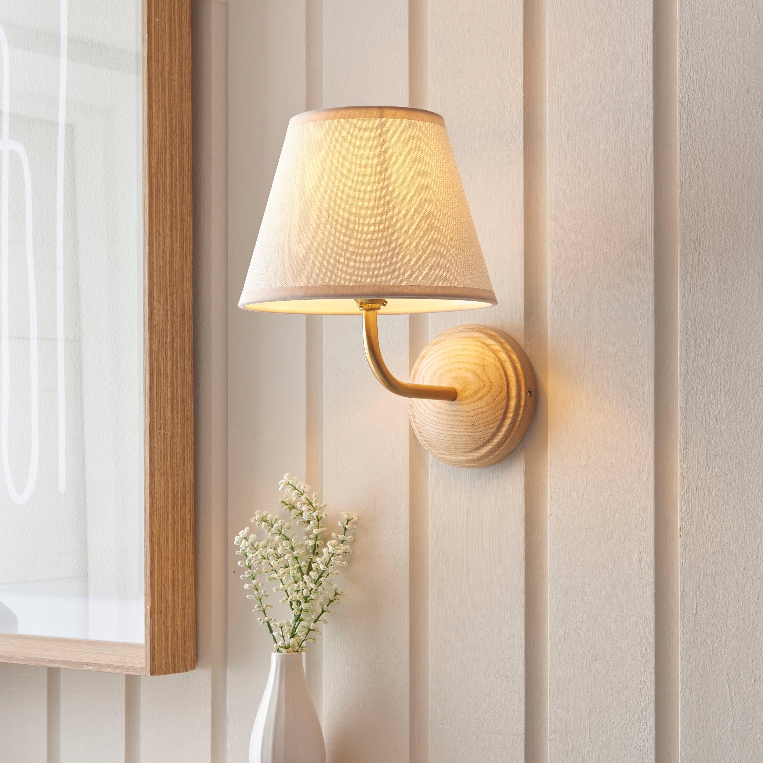 Wood Arc Wooden Wall Light & Ivy 20cm Vintage white Shade