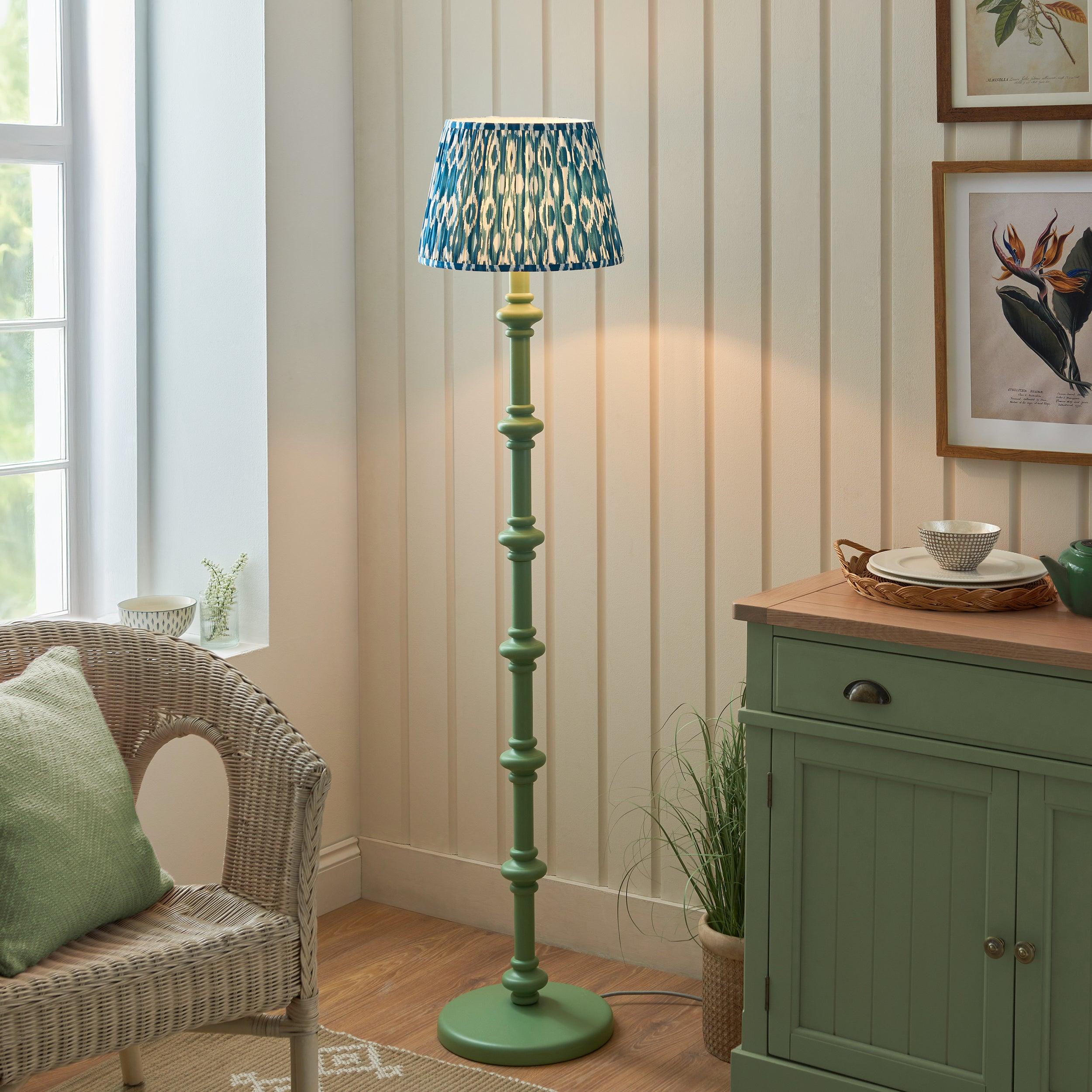 Carnaby Green Floor Lamp & Ikat 35cm Marlin Blue Shade