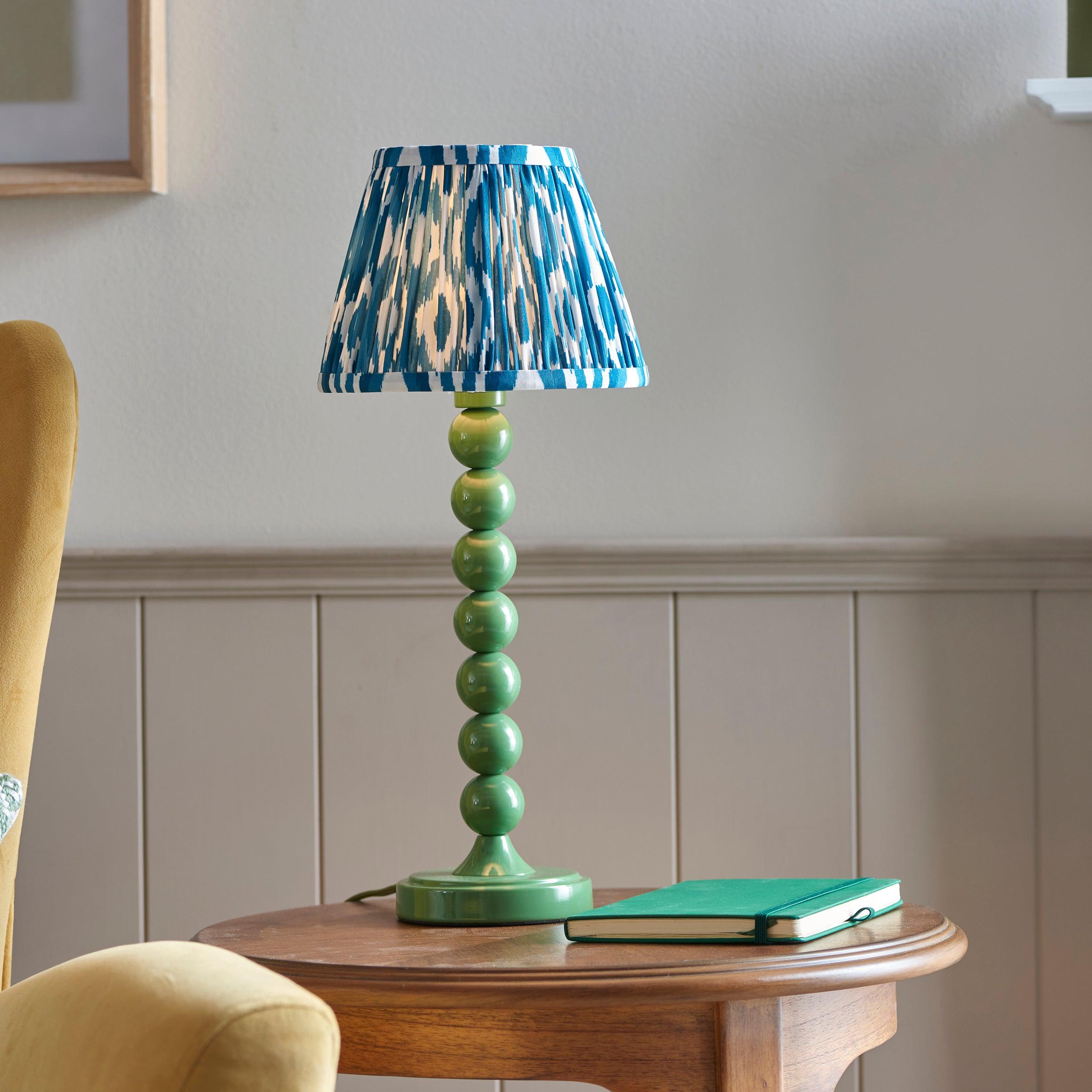 Higgledy Green Table Lamp & Ikat 20cm Marlin Blue Shade