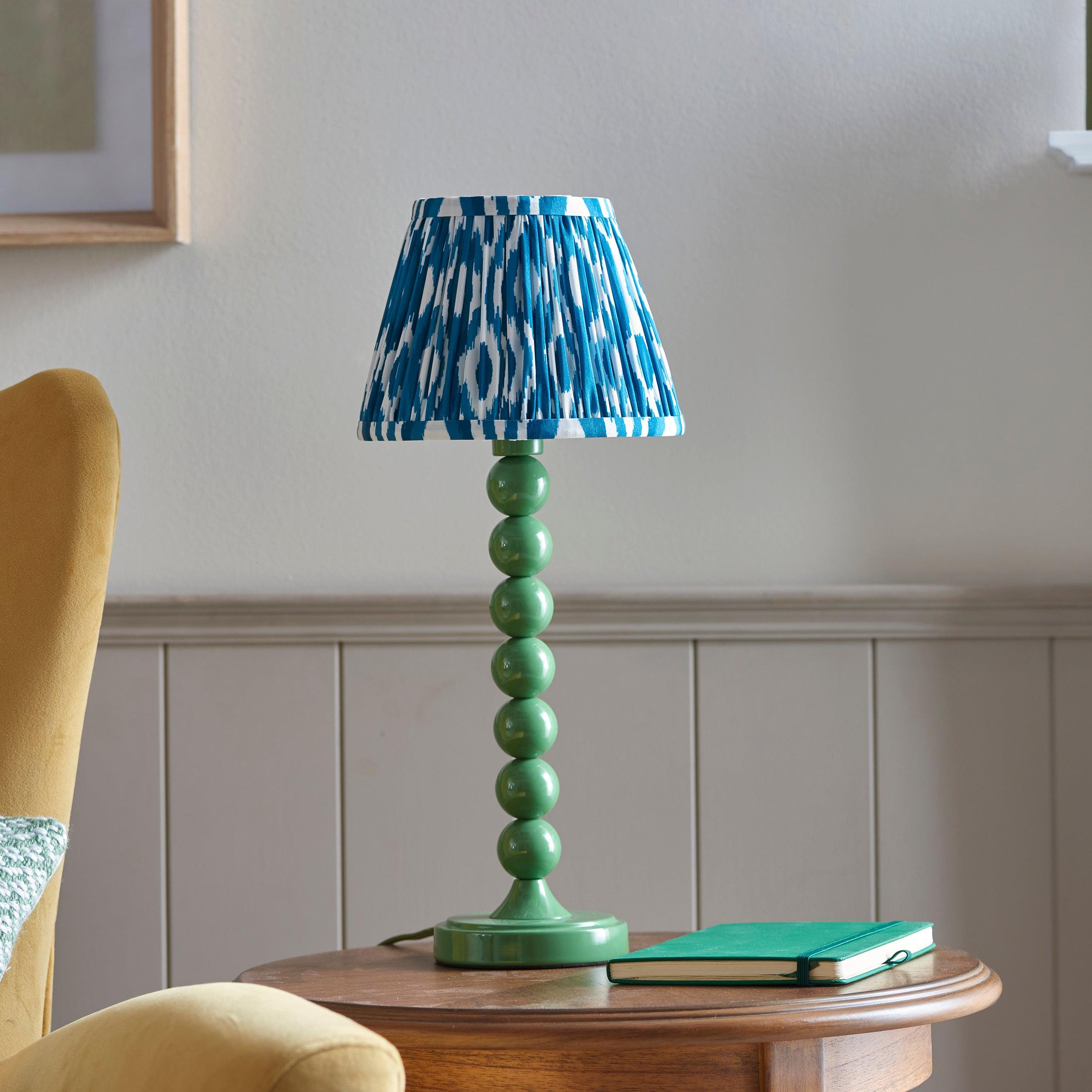 Higgledy Green Table Lamp & Ikat 20cm Marlin Blue Shade