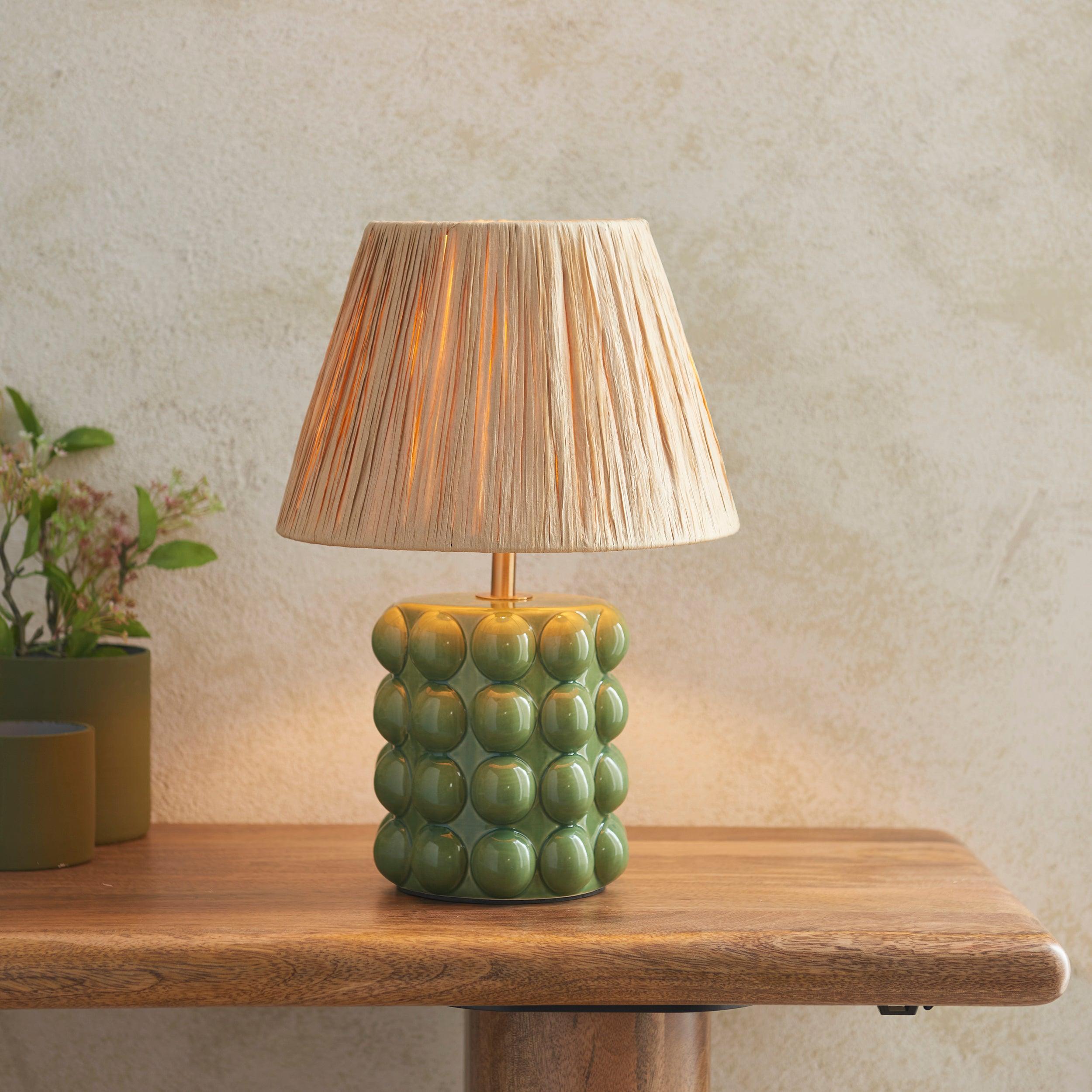 Bobble Green Table Lamp & 24cm Natural Raffia Shade