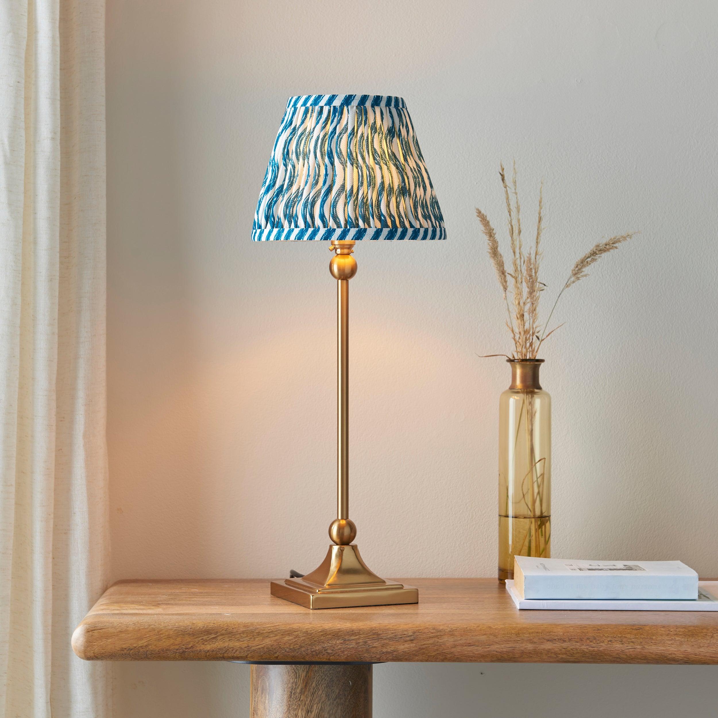 Santiago Small Brass Table Lamp With Blue Ripple Shade