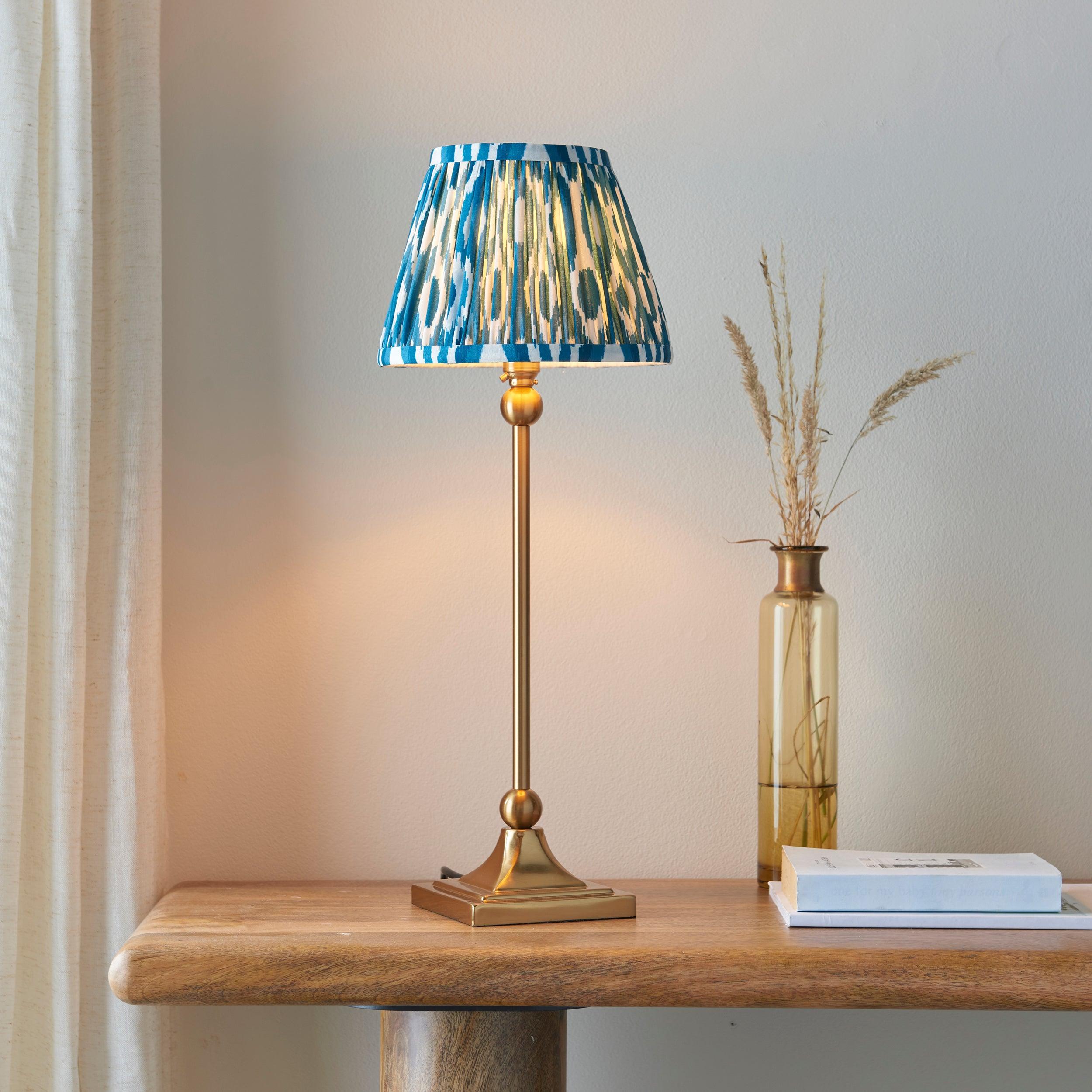 Santiago Small Brass Table Lamp With Blue Ikay Shade