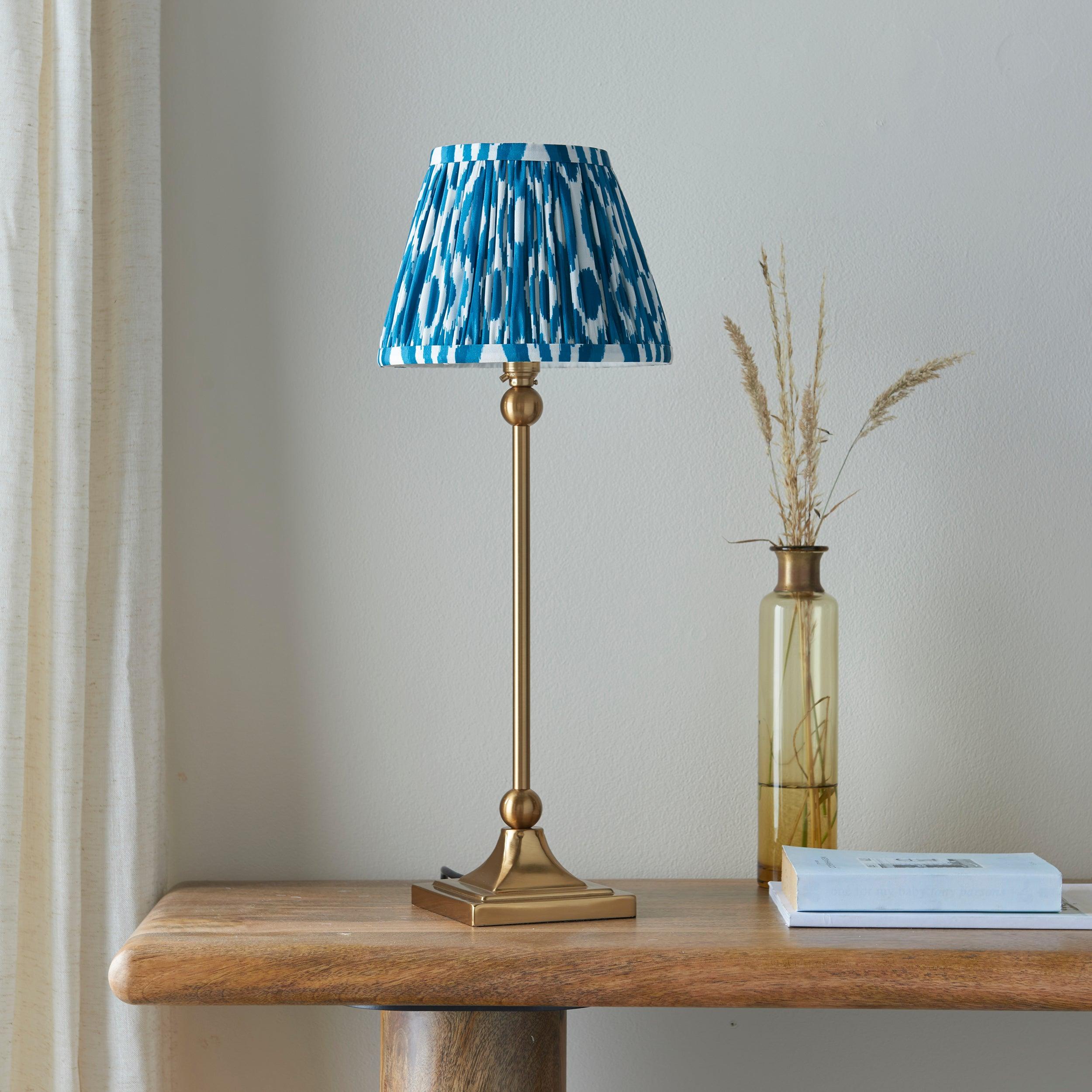 Santiago Small Brass Table Lamp With Blue Ikay Shade