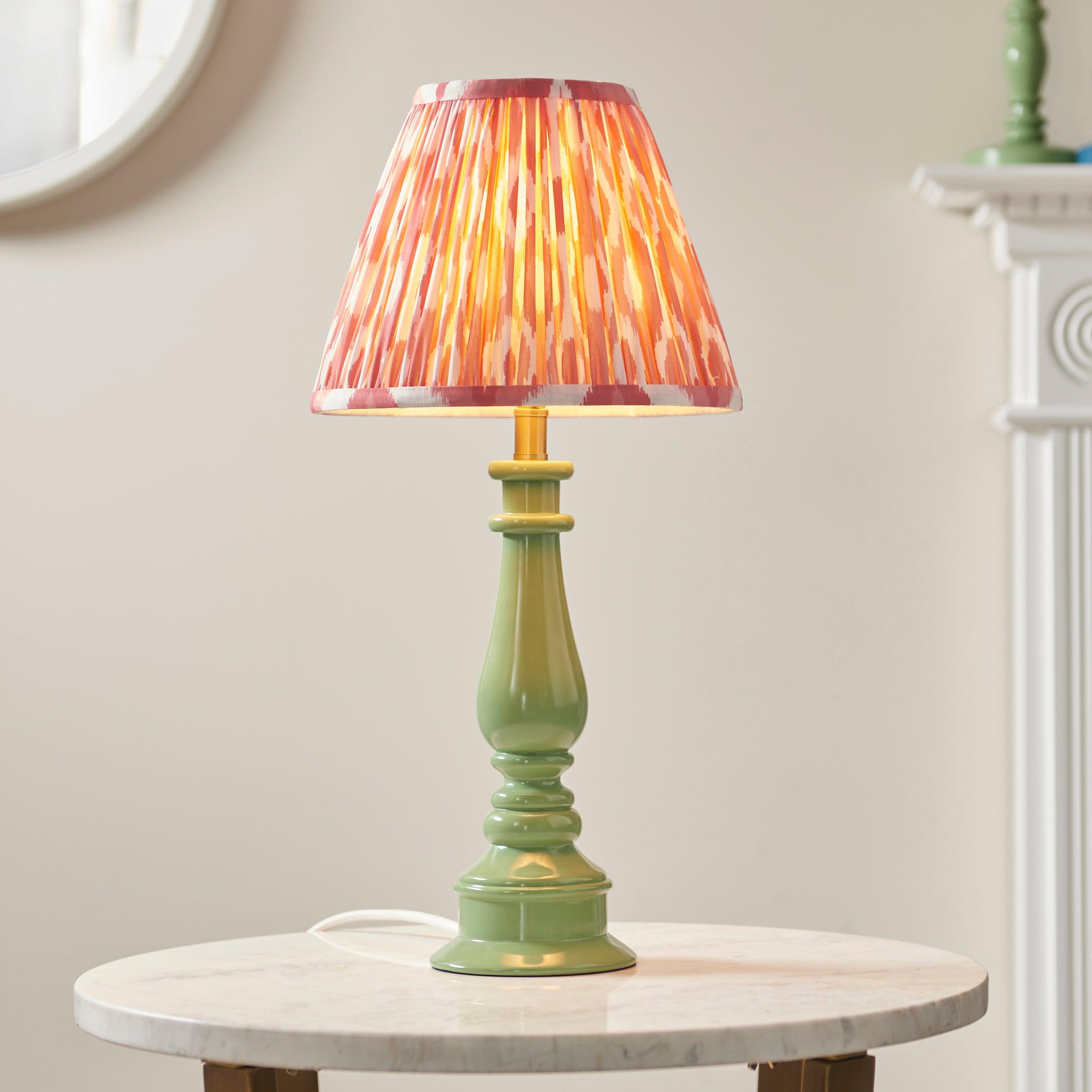 Myrtle Green Table Lamp & Ikat 25cm Coral Pink Shade