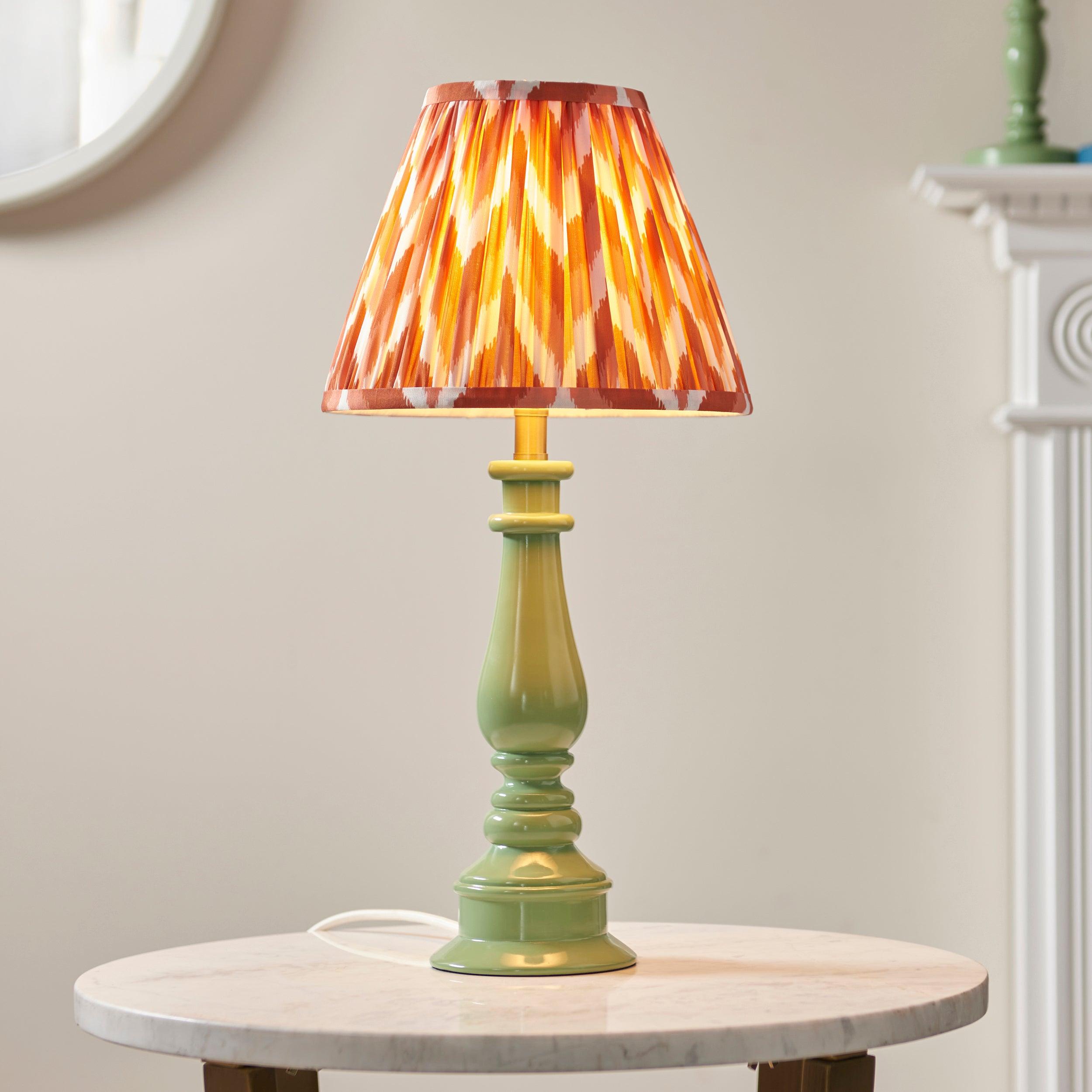 Myrtle Green Table Lamp & Zigzag 25cm Apricot Orange Shade