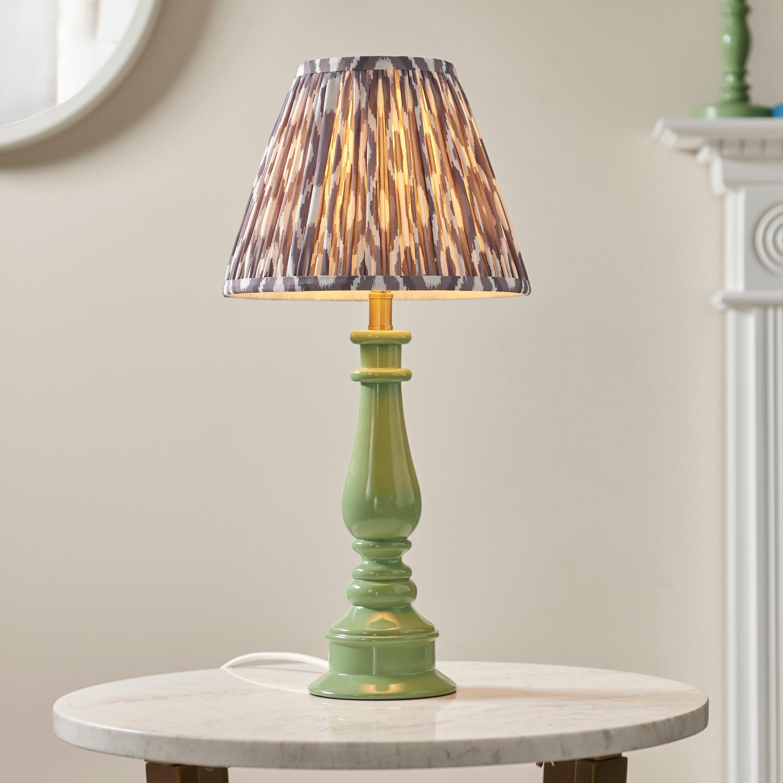 Myrtle Green Table Lamp & Ikat 25cm Pearl Grey Shade