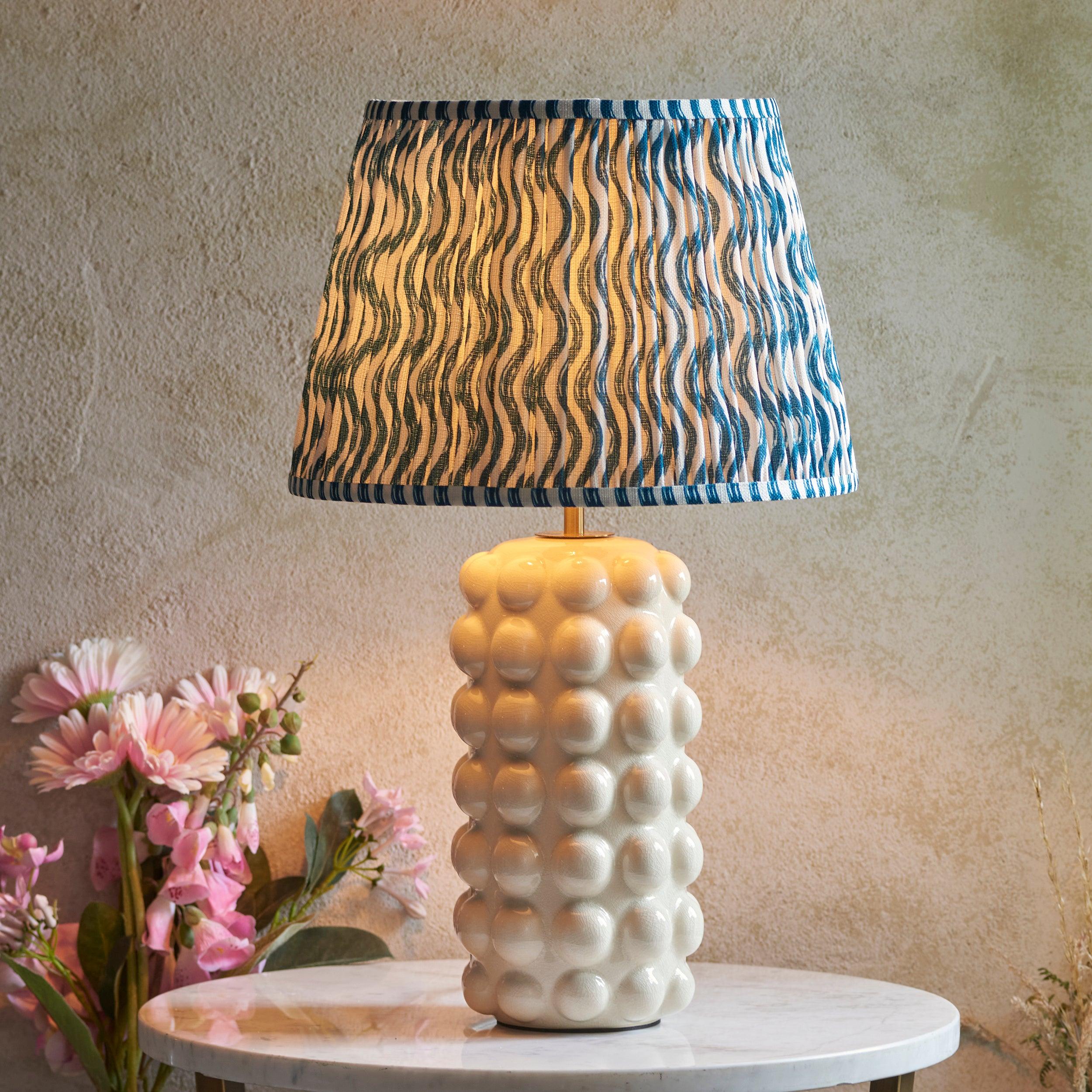Bobble White Ceramic Table Lamp & Ripple 35cm Marlin Blue Shade