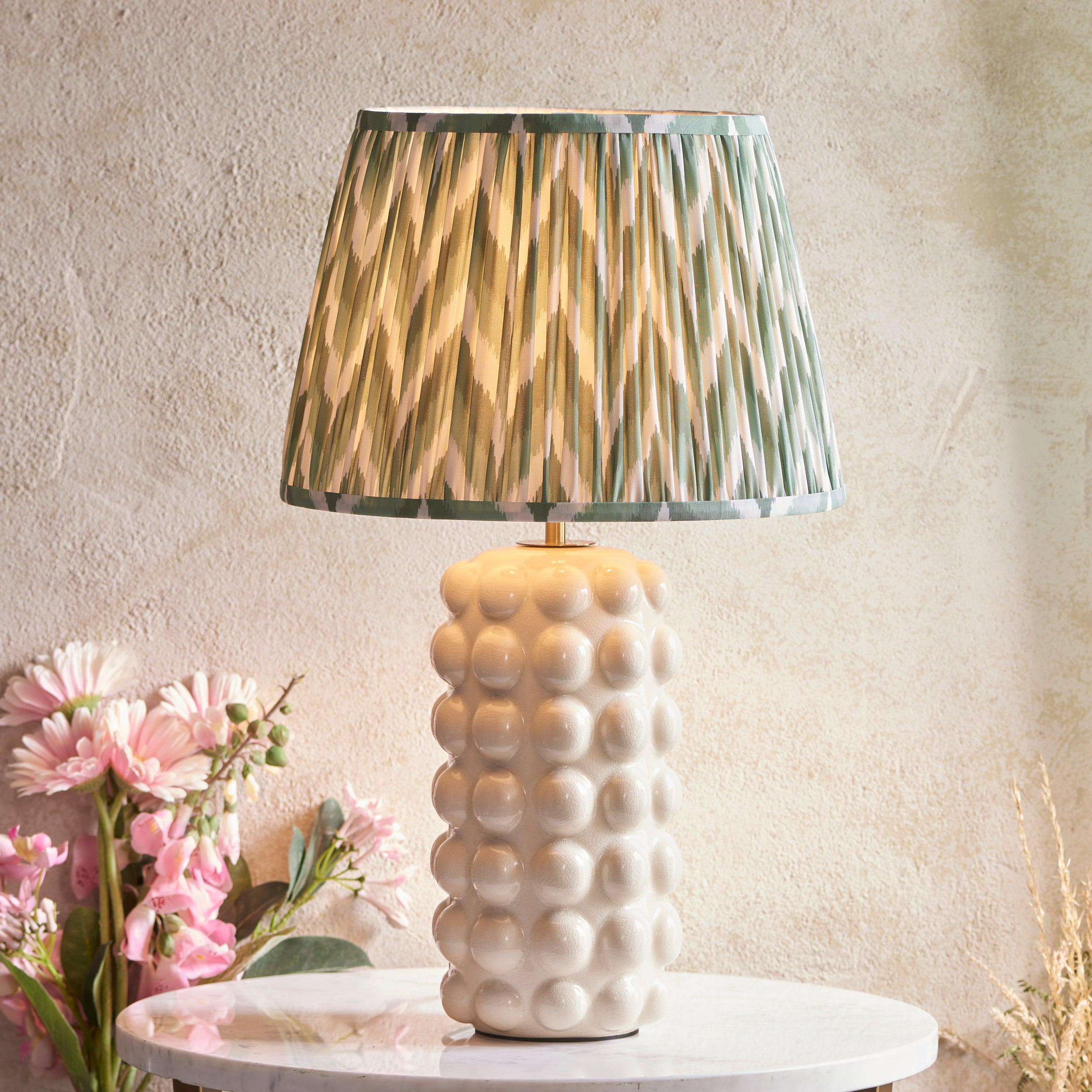 Bobble White Ceramic Table Lamp & Zigzag 35cm Cotswold Green Shade