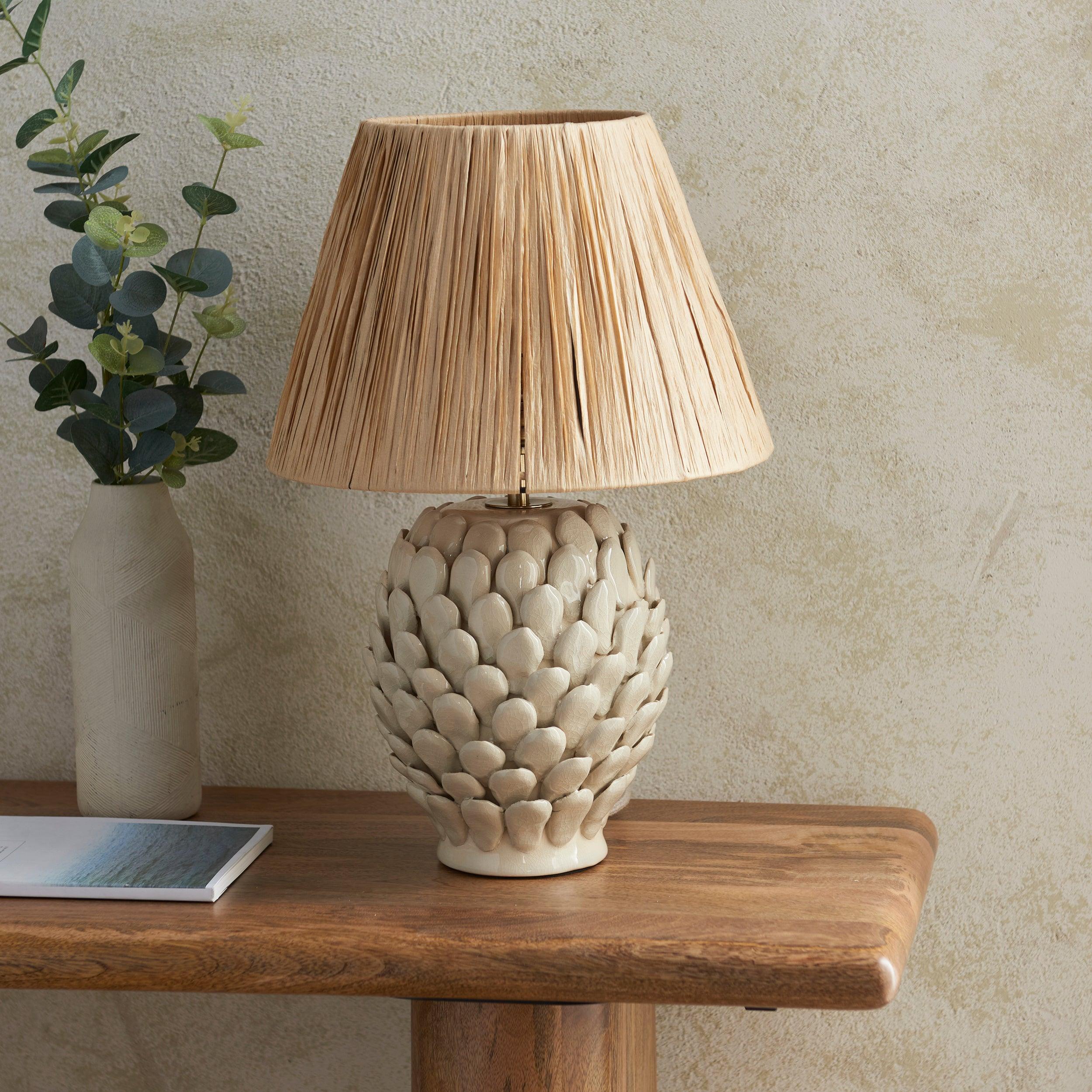Layered Leaf White Ceramic Table Lamp 30cm Natural Raffia Shade